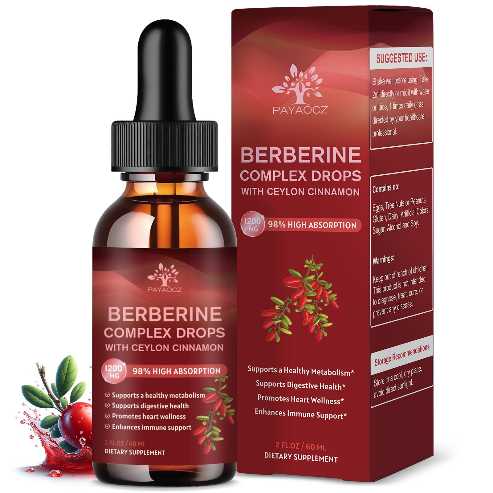 PAYAOCZ Berberine HCL Liquid Drops Supplement - 1200mg Berberine Root with Organic Ceylon Cinnamon - Supports Immune System, Heart Health - 2 Fl Oz