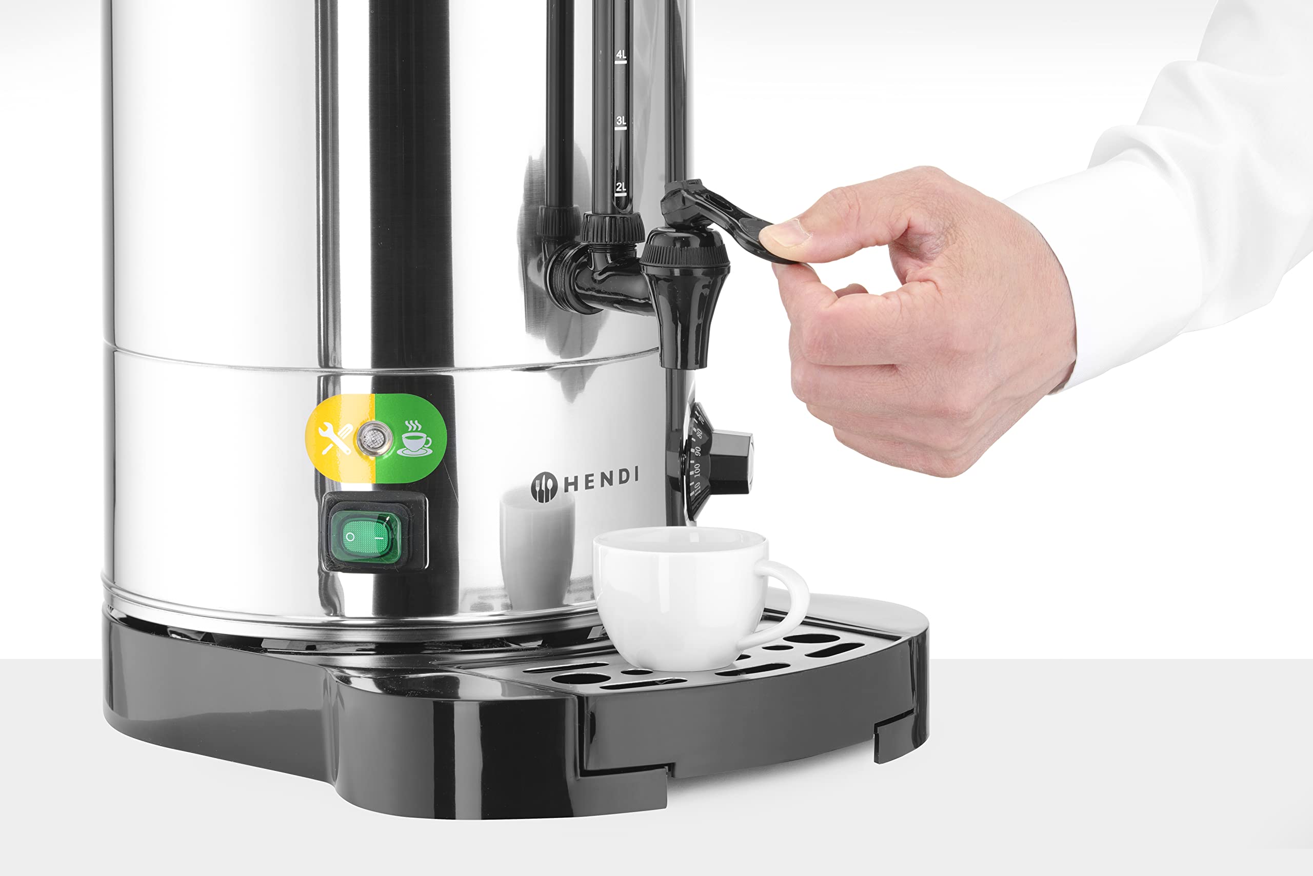 HENDI Dispensador de Bebidas Calientes Eléctrico, Doble Pared, Termostato Regulable hasta 110°C, 9L, 230V, 2200W, 322x390x(H)522mm, Acero Inoxidable