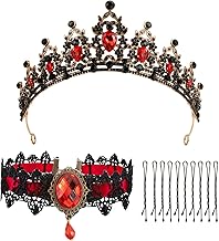 Crowns for Women Halloween Vintage Crystal Red Rhinestone Headband with Necklace Princess Tiara Headband Shiny Queen Princess Bride Hair Accessories for Halloween Christmas Wedding