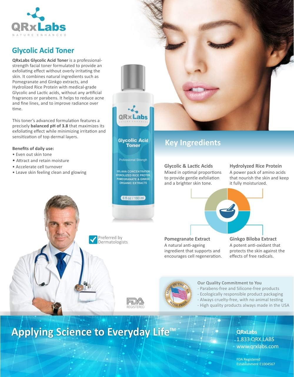 Glycolic Acid Toner - Professional Exfoliating Anti-Aging Toning Solution for Face with 10% AHA, Witch Hazel, Hydrolyzed Rice Protein and Pomegranate & Ginkgo Biloba Extracts - 1 Bottle of 6 fl oz