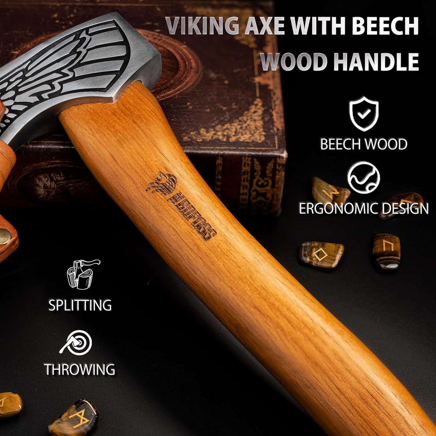 NedFoss 13" Viking Axe with Valkyrie Pattern, Bearded Axe High Carbon 1055 Steel and Leather Sheath, Beech Wood Handle for Soldier Warrior, Viking Hatchet ,Wall Hanging Axe, Viking Axe Gifts for Women : Sports & Outdoors