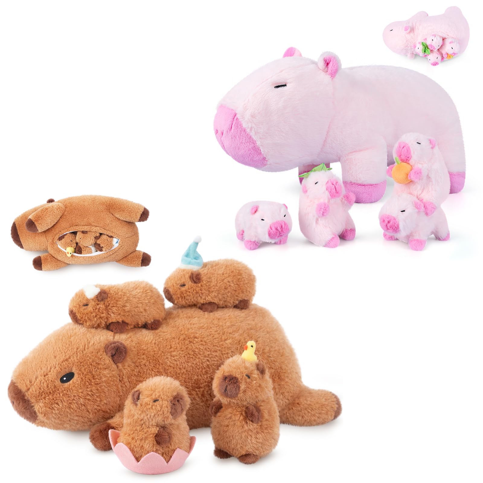SuzziPals 5-in-1 Pink Capybara Plush with Babies Inside, 5Pcs Set Capybara Stuffed Animal with Mommy & 4 Babies, Cute Plush Pillow Decor, Cute 3 to 8 Year Old Girl Gift, Imaginative Toy (Capibara)