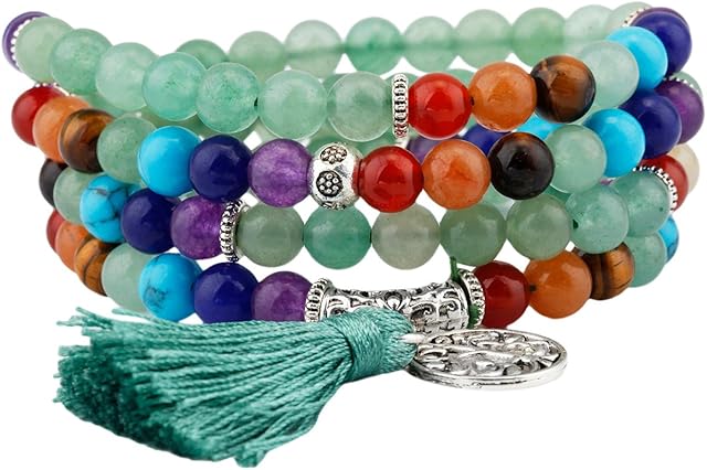 Shanxing 6mm 108 Prayer Beads Mala Bracelet with Tassel Tibetan Buddhist Buddha Meditation Stone Necklace, 7 Chakra & Green Aventurine, Total Length About 27.5 / 70cm
