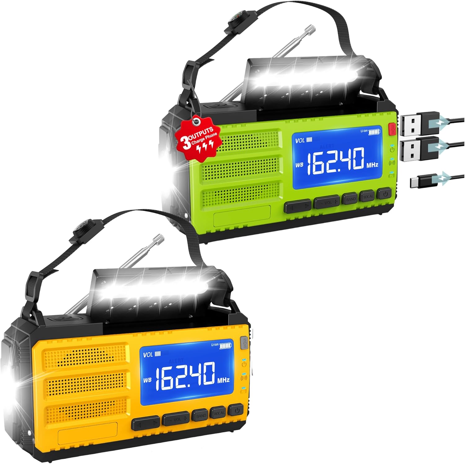 Emergency Radio 2-Pack: Green & Orange 37000mWh Hand Crank Solar Emergency Radios with Flashlight, SOS Alarm & Phone Charger for Winter Storm Emergencies