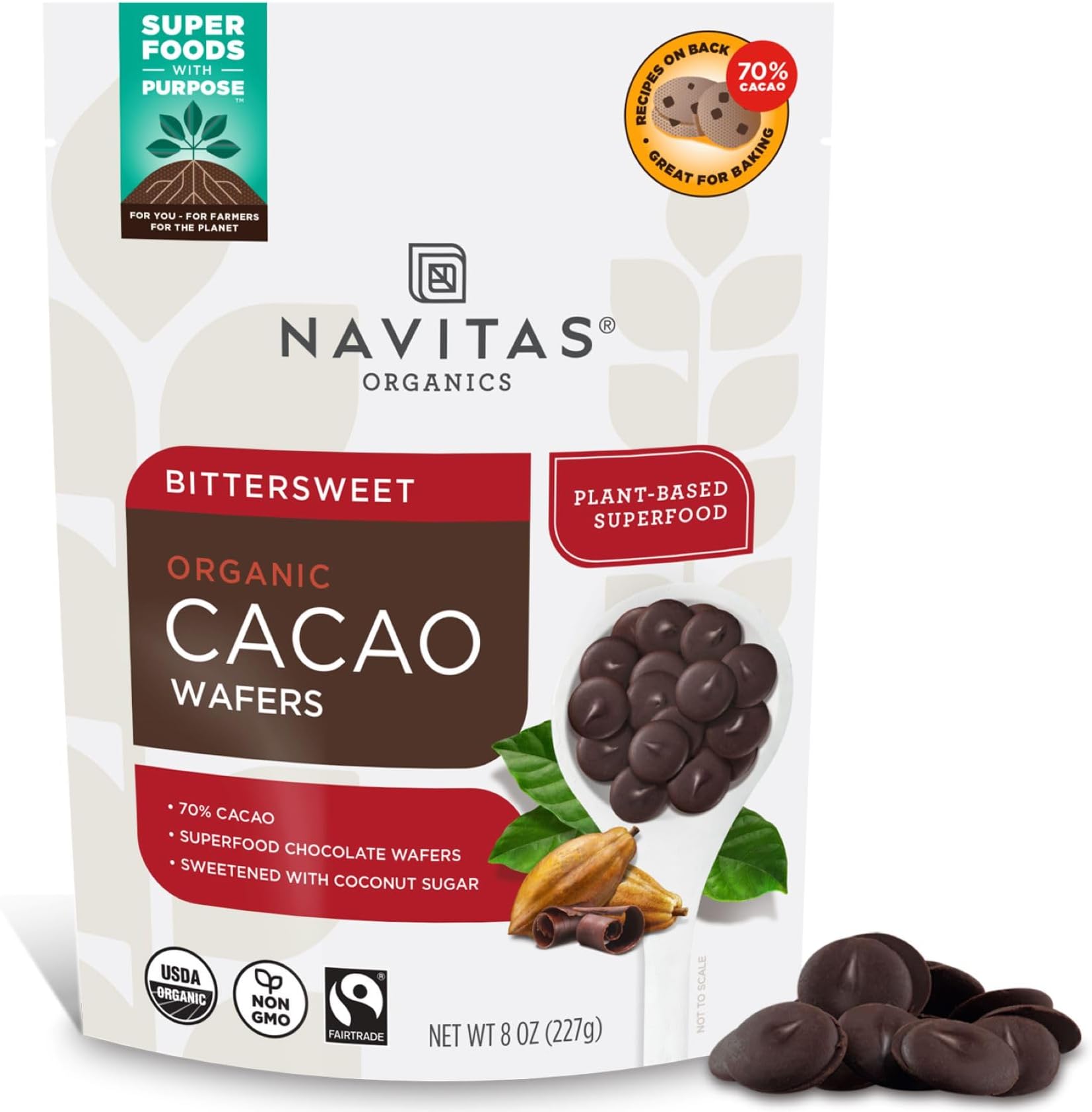 Navitas Organics Organic Bittersweet Cacao Wafers, 8 OZ โ Organic, Fairtrade,...