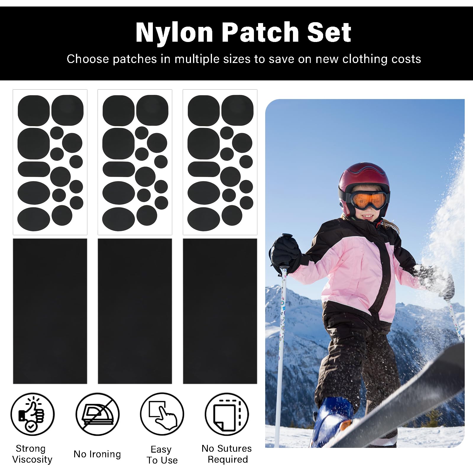 48 szt. kurtka puchowa naszywka naprawcza nylon, 2 style naszywek naprawczych, wodoodporne naszywki, taśma klejąca, do namiotu, ubrań, śpiwora (czarne)