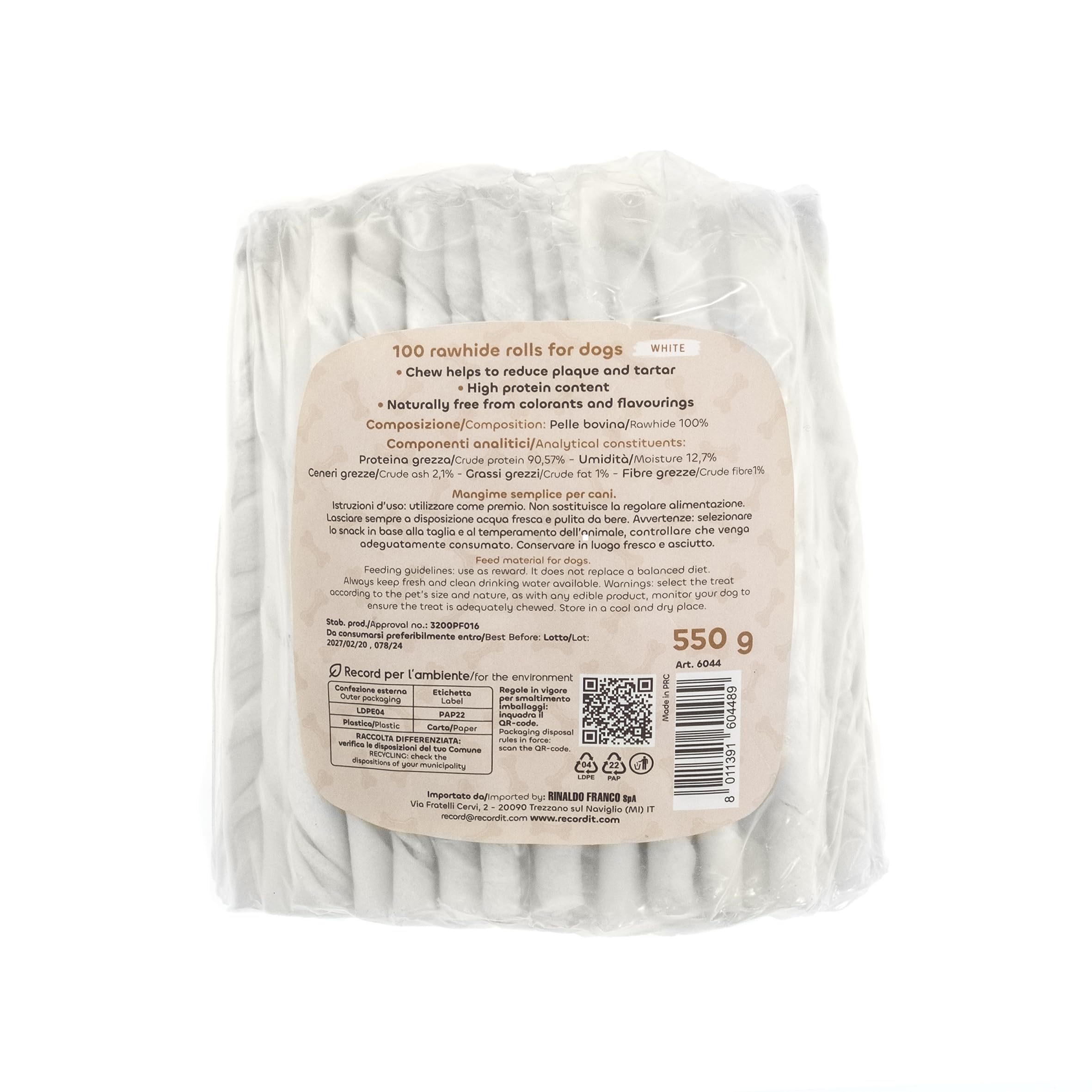 Record - Snack per Cani Stick Termoretratti in Pelle Bovina. Masticativi per Cani Proteici e Naturali, ideali per la Salute Gengivale. Realizzati con Essicazione Naturale | 100 stick Bianchi, 550 gr