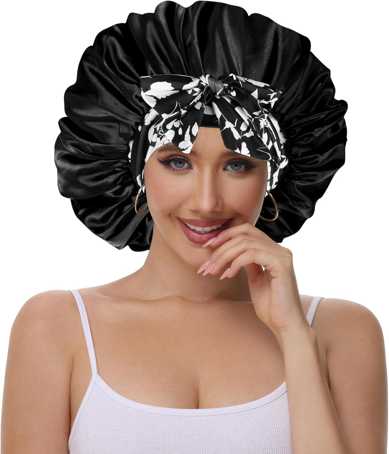 Double Layer Silk Bonnet with Tie Satin Lined Sleep Cap Hair Cover for Women's Curly Natural Hair - Image 2