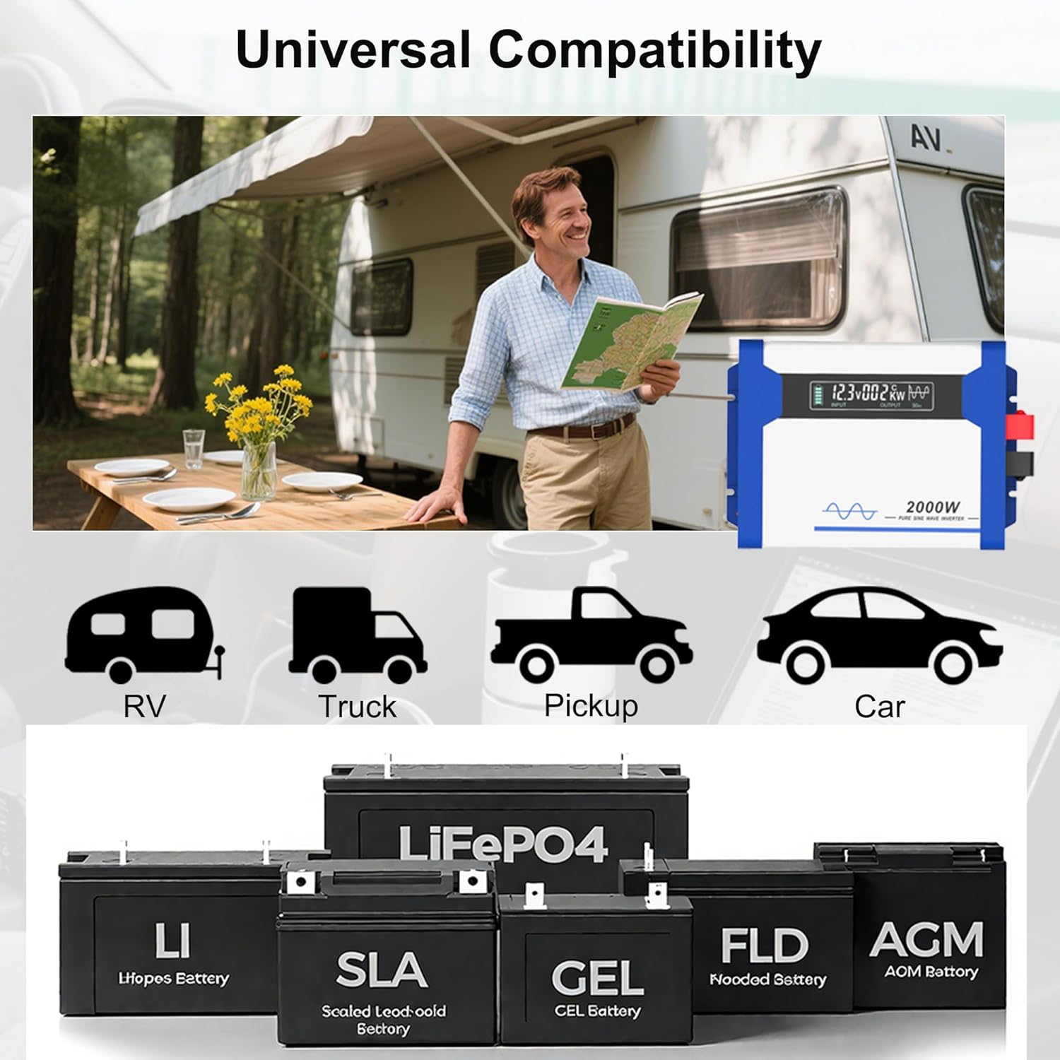 Anern 2000W Pure Sine Wave Inverter 12V DC to 120V AC Converter for Home, RV, Truck, Off-Grid Solar Power Inverter Built-in Dual AC Outlets, 2.4A USB LCD Display Car Inverter for Outdoor Activities