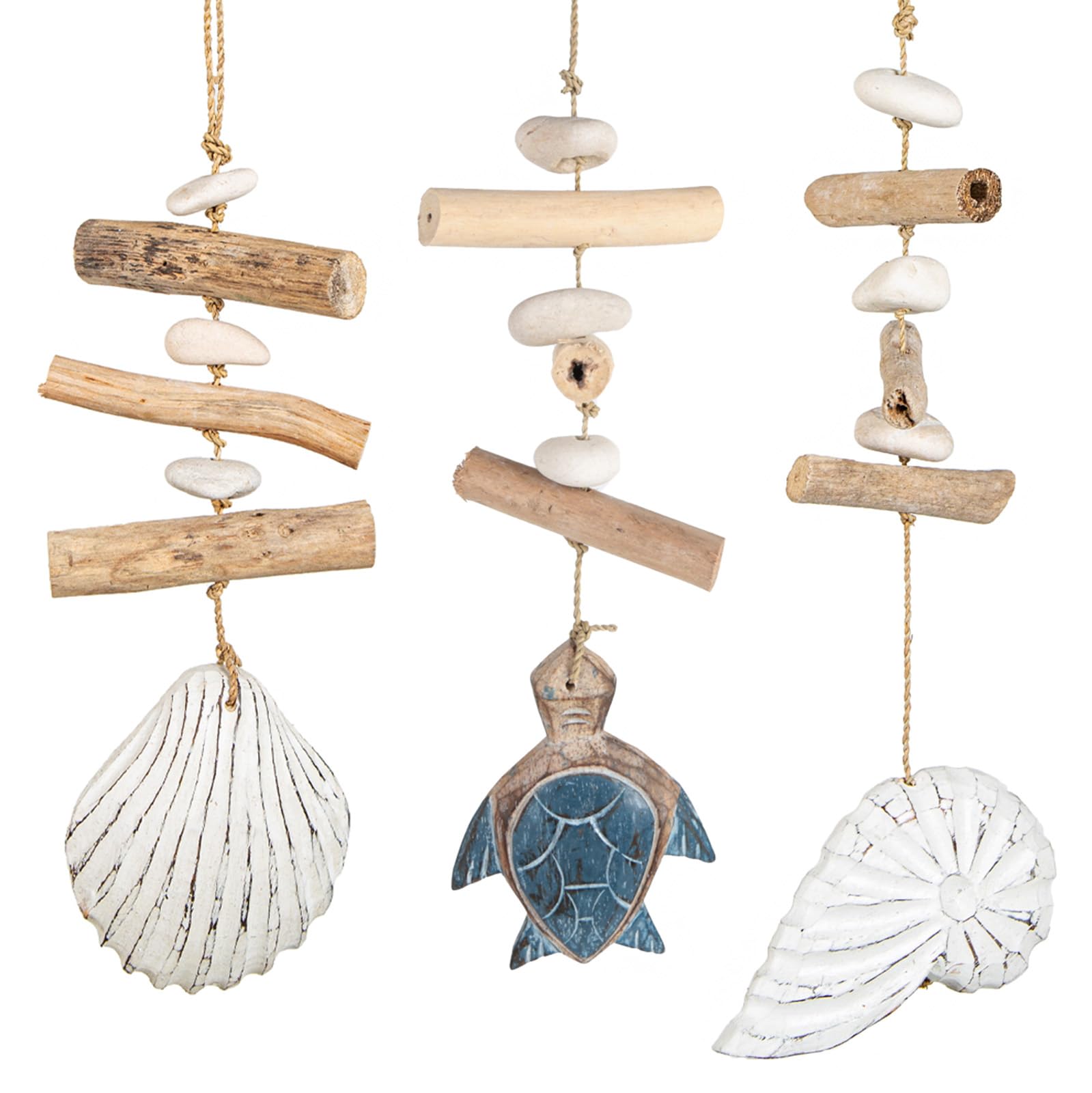 Logbuch-VerlagFishing Net Decoration Set of 3 Maritime Pendants Turtle Shell and Nautilus Shell with Driftwood Hanging Decoration Bathroom 35-40 cm