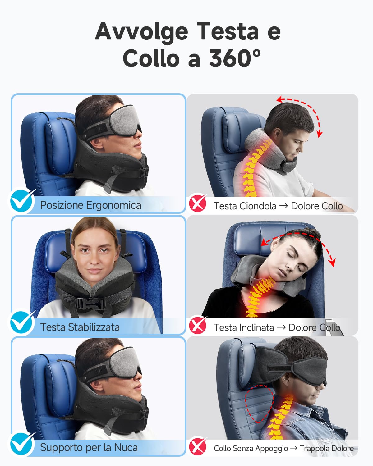Umisleep Cuscino da Viaggio Memory Foam, Cuscino Cervicale per Aereo con Supporto 360°, con Maschera Occhi 3D, Cuscino da viaggio anticaduta testa per aereo, Ideale per Voli Lunghi, Grigio