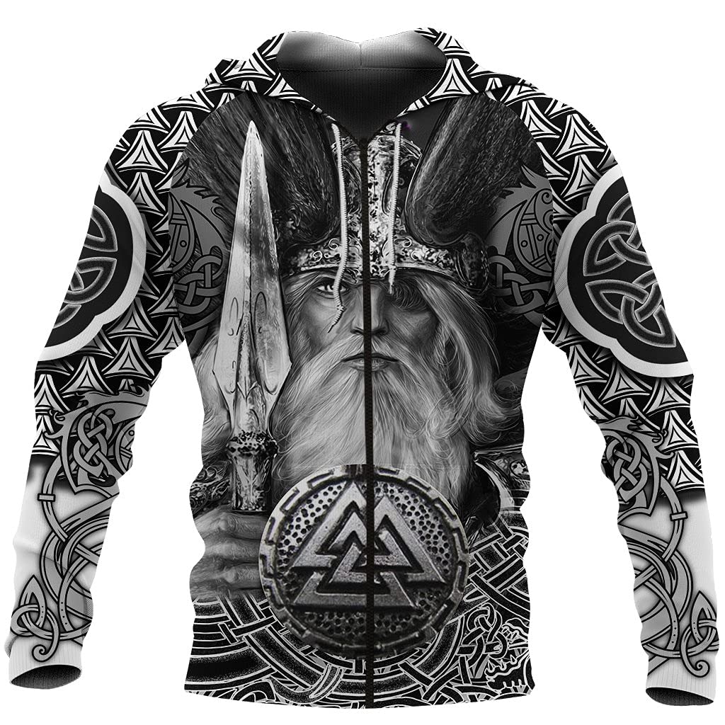Sweat à capuche zippé Viking Odin unisexe gris XS imprimé 3D