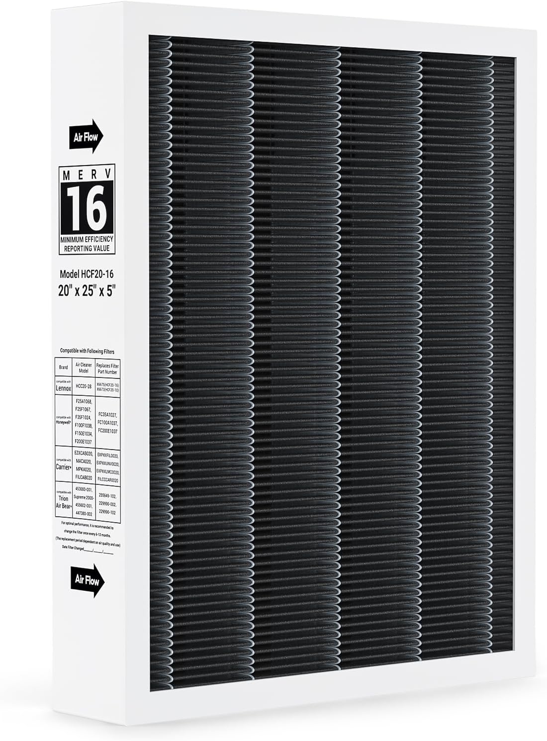 1 Pack 20x25x5 MERV 16 Air Filter Compatible with 20x25x5 Healthy Climate Carbon Clean MERV 16 Filter for HVAC System, Replaces Part # HCF20-16, HCF20-10 c.1-pack 20x25x5 Filter