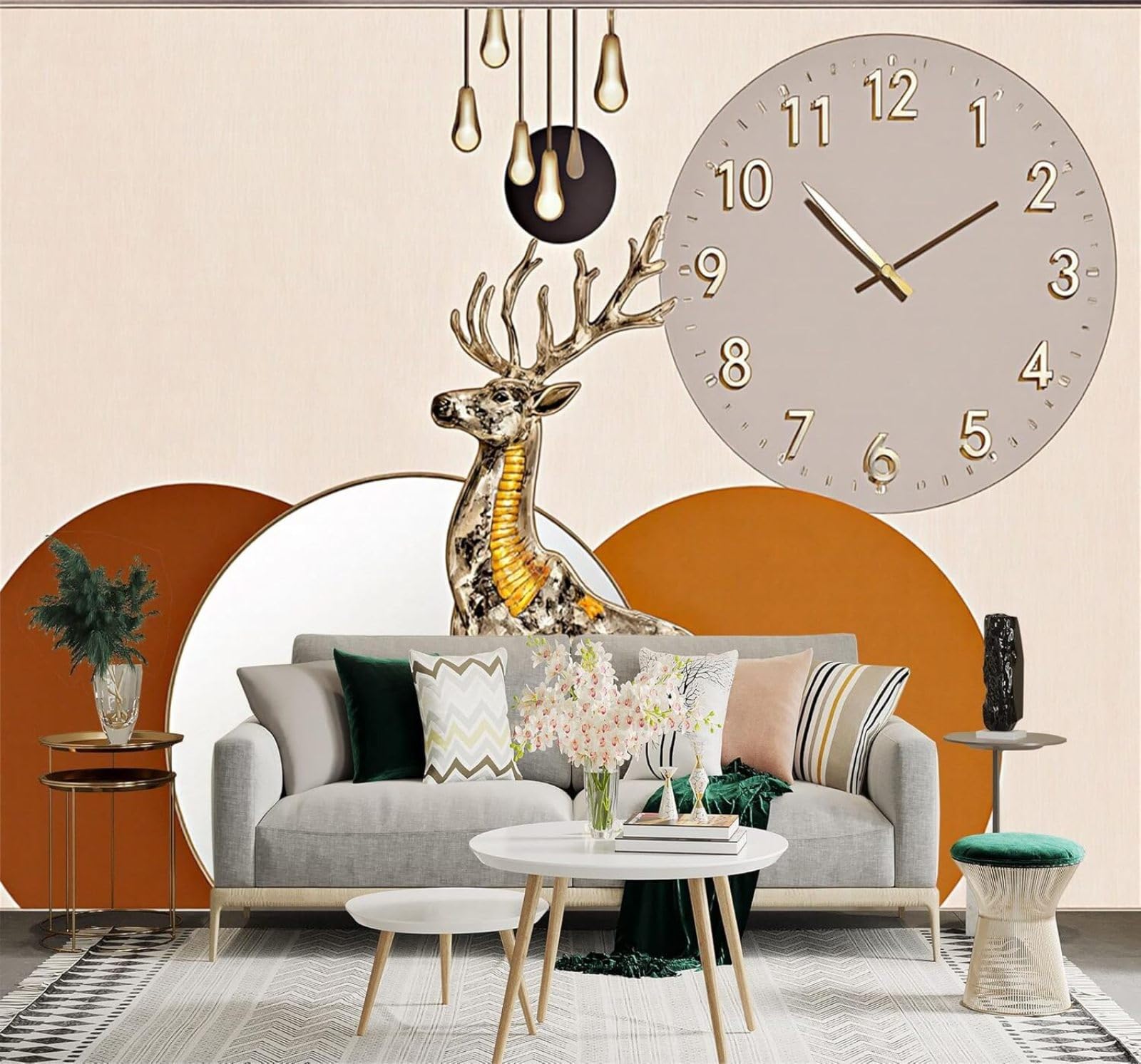 XLMING Clock Geometric Circles Art Golden Deer 3D Wallpaper Premium Textured Silk Study Dining Living Room Bedroom Sofa TV Wall Easy Install-350cm×256cm