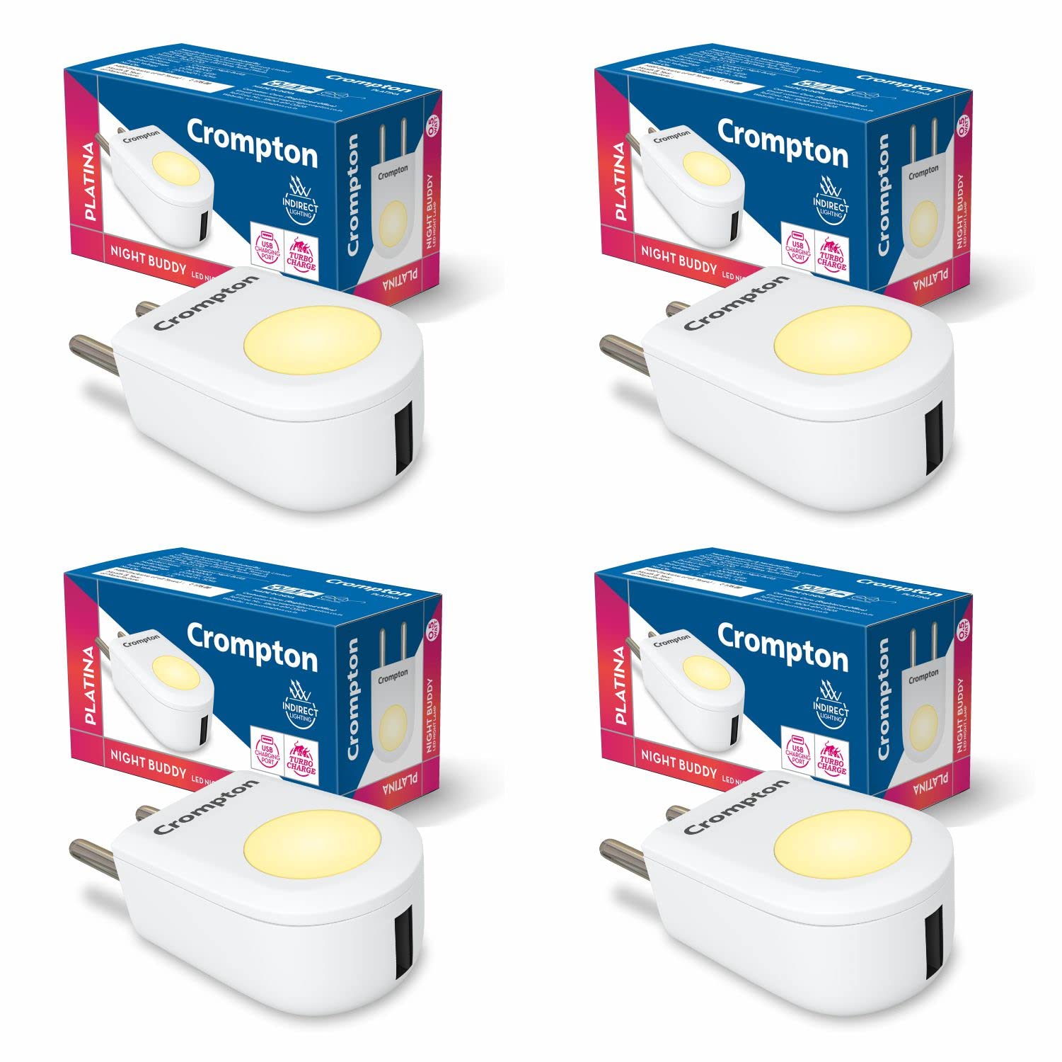 Crompton Night Buddy USB Charger + Lamp| 0.5 W|Turbo Charge|Indirect Lighting|Natural White|USB Charging Point|2 Pin Plug|Less Power Consuption|Pack of 4, led