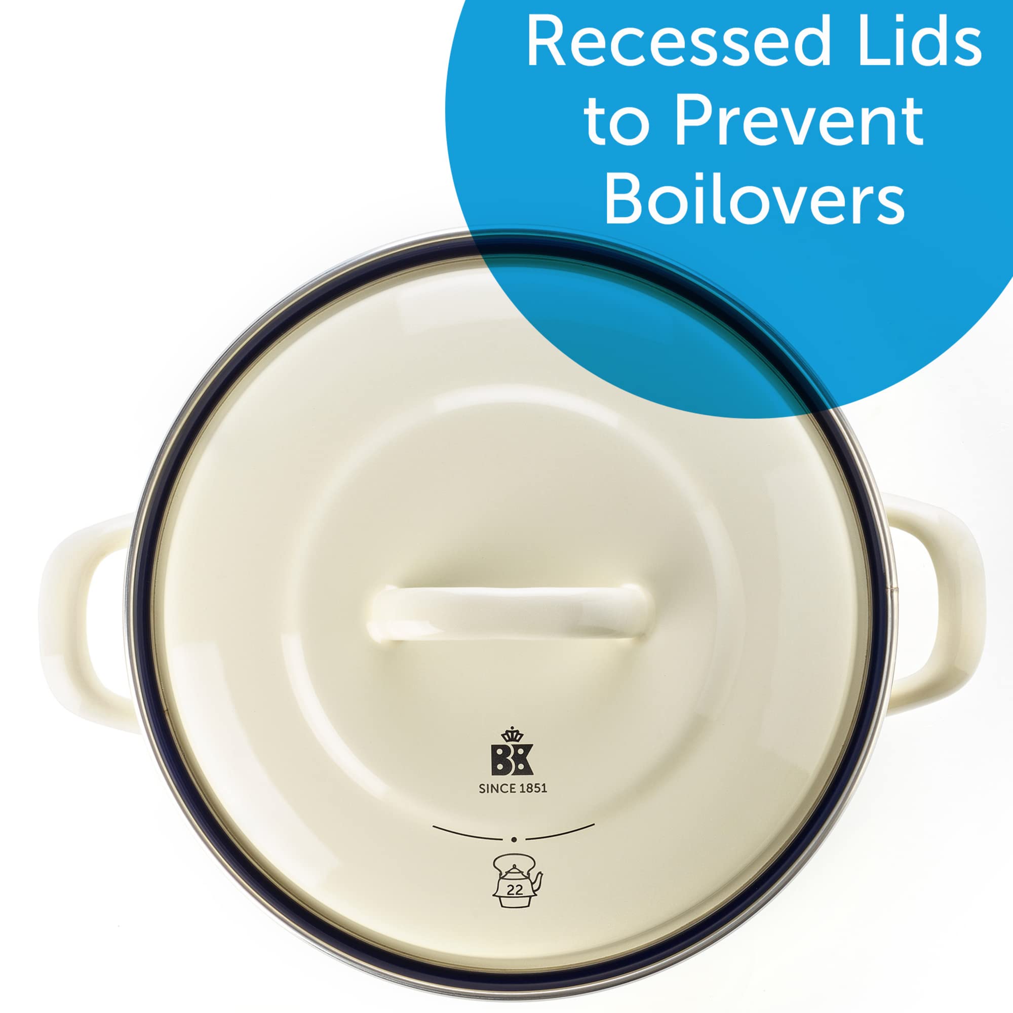 BK Indigo Patrimonio Olandese Casseruola Rotonda Smaltata con Coperchio con Rivestimento Antiaderente Ceramico Senza PFAS, 22 cm/3,3 Litri, Induzione, Lavabile in Lavastoviglie e in Forno, Crema