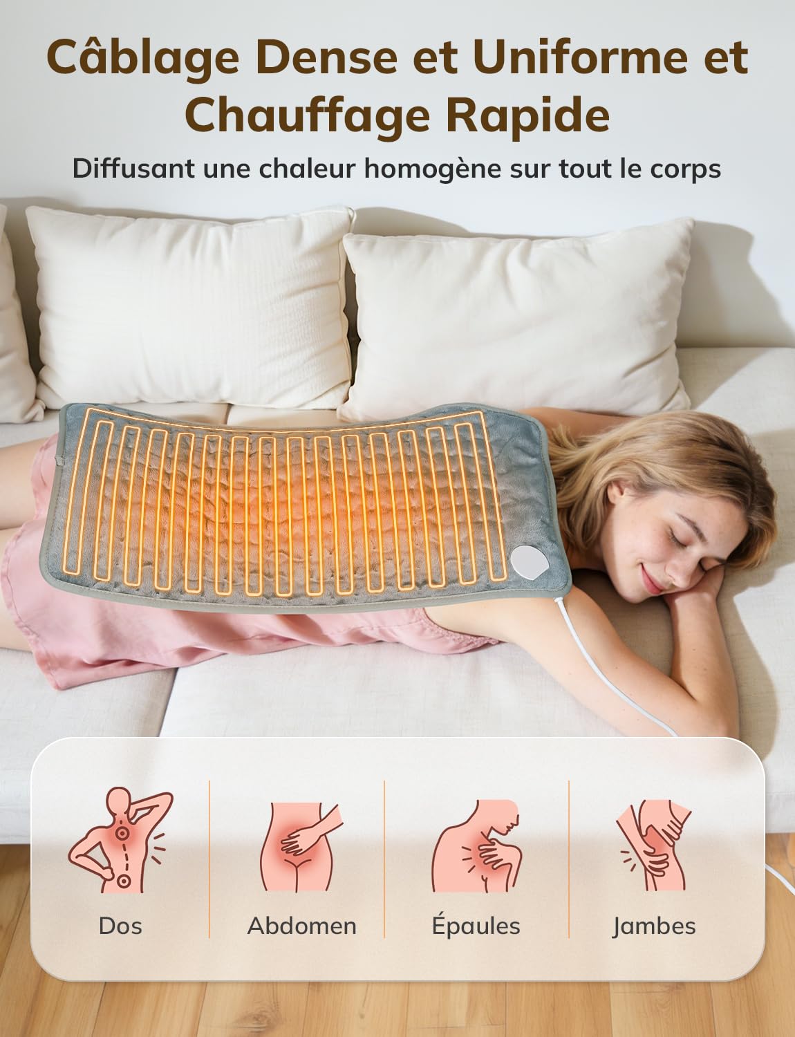 Coussin Chauffant Électrique 60 x 30cm pour Dos Épaules Abdomen 6 Niveaux de Température 4 Réglages de Minuterie Chauffage Rapide Arrêt Automatique Lavable en Machine Gris Foncé