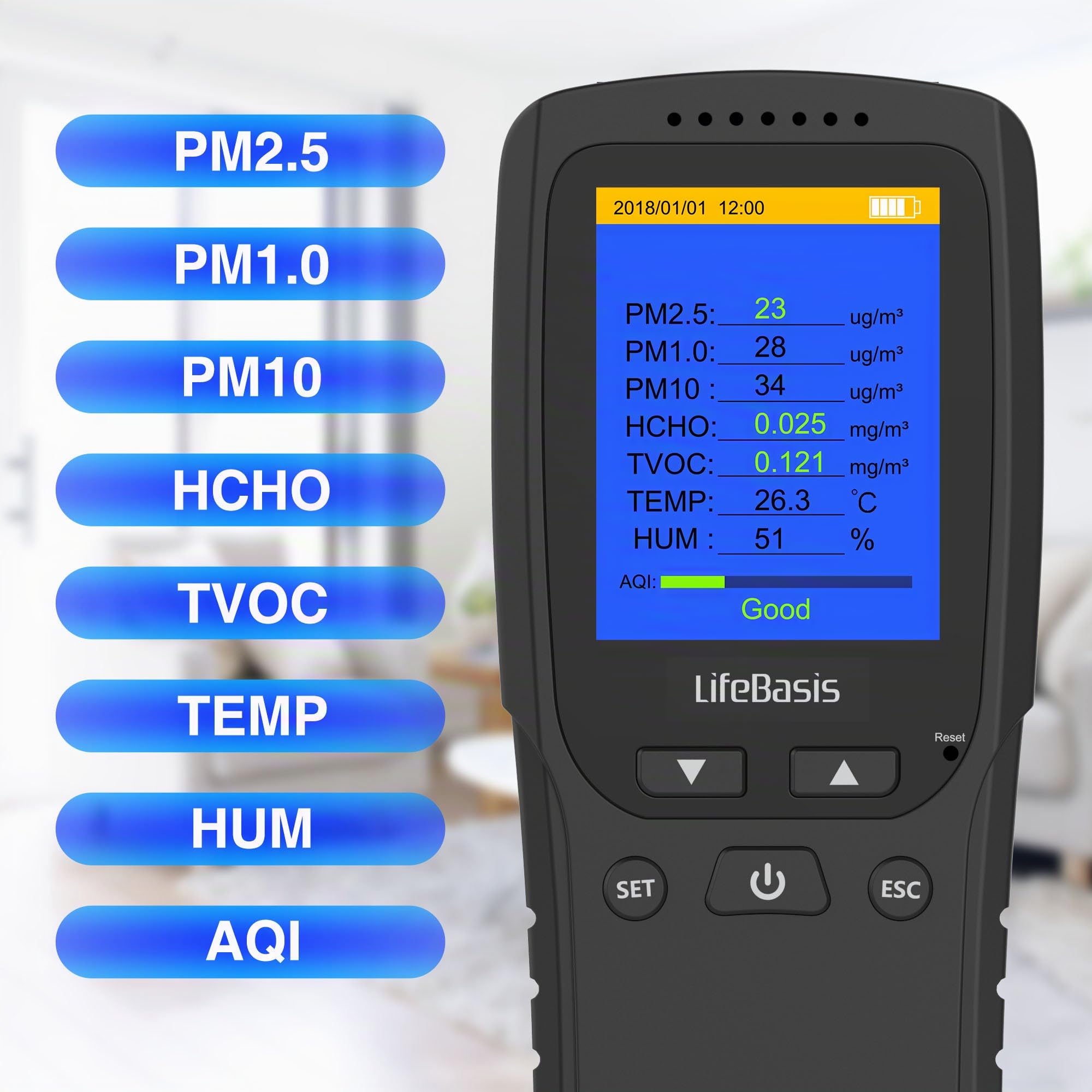 Moniteur de Qualité de l'air LifeBasis 8 en 1 PM2.5 / PM1.0 / PM10 / HCHO/TVOC/AQI/Temp/HUM Détecteur Air Quality Monitor Portable pour Chambres, Bureaux et Autres Lieux