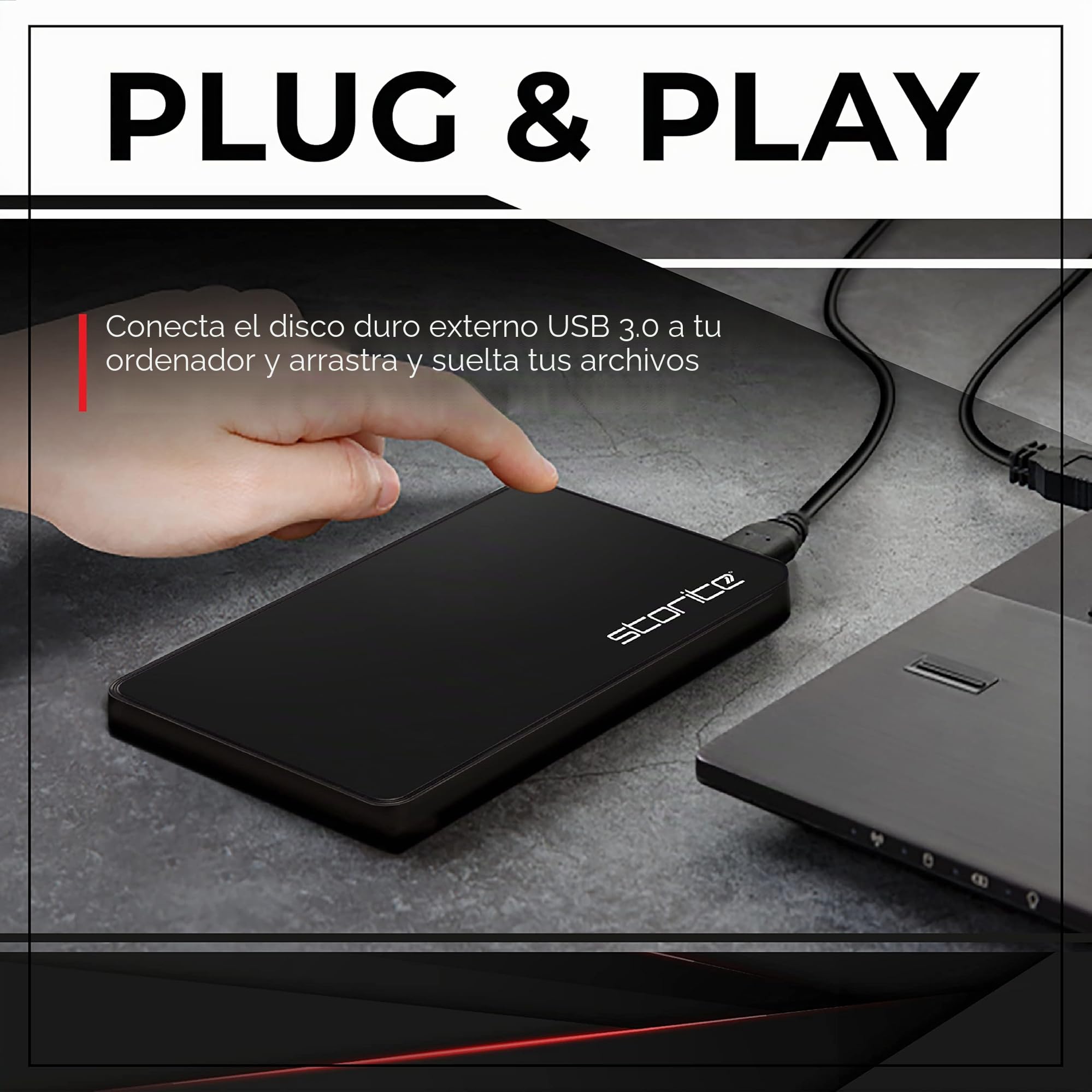Storite Disco Duro Externo 1 TB USB 3.0 HDD para PC, Gaming - Negro | Diseño compacto y ligero con Plug & Play, ideal para copias de seguridad y almacenamiento de fotos, vídeos y documentos.