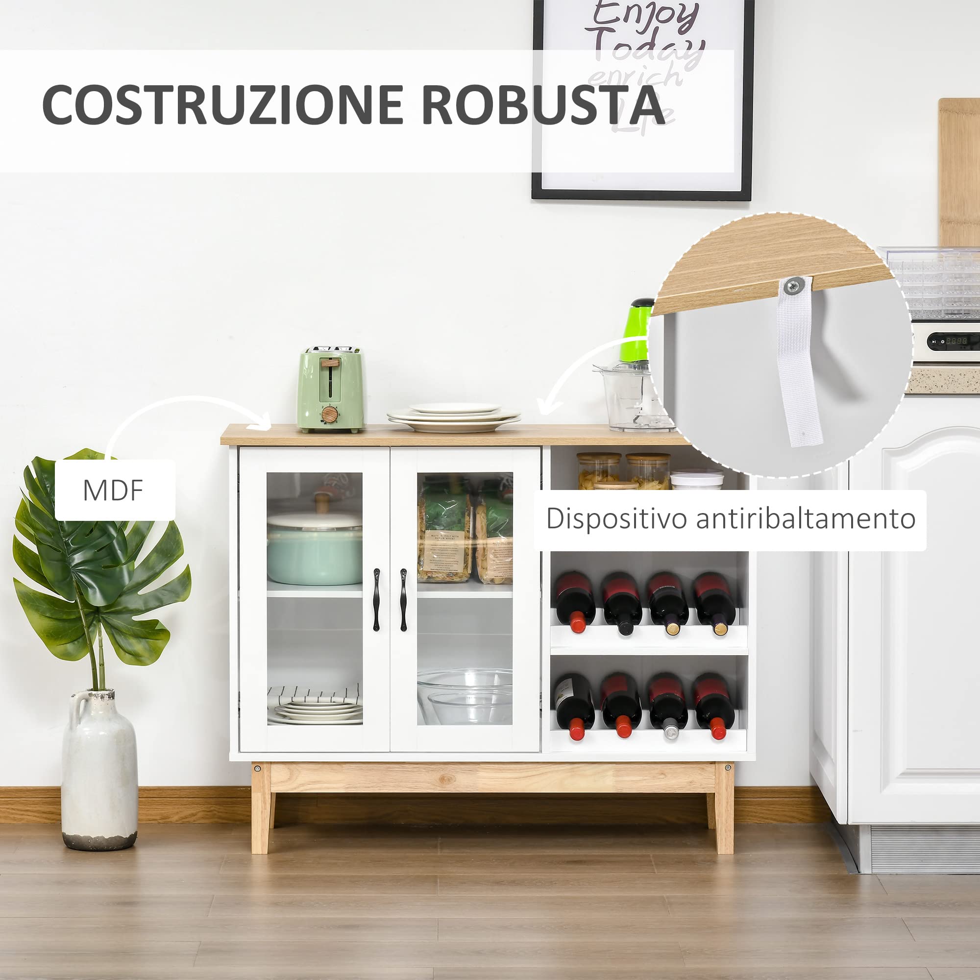 HOMCOM Credenza Moderna con Armadietto, 3 Ripiani Laterali in Legno Massiccio con Cantinetta Portabottiglie, Salvaspazio, 103x34x80cm Bianco