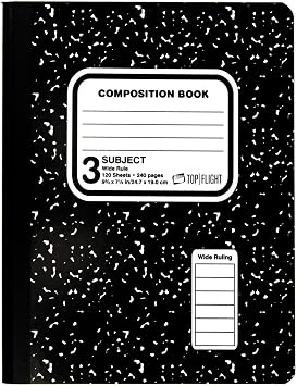 Top Flight Sewn 3-Subject Marble Composition Book, Wide Rule, 9.75 x 7.5 Inches, 120 Sheets, Black/White 11926