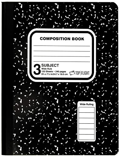 Top Flight Sewn 3-Subject Marble Composition Book, Wide Rule, 9.75