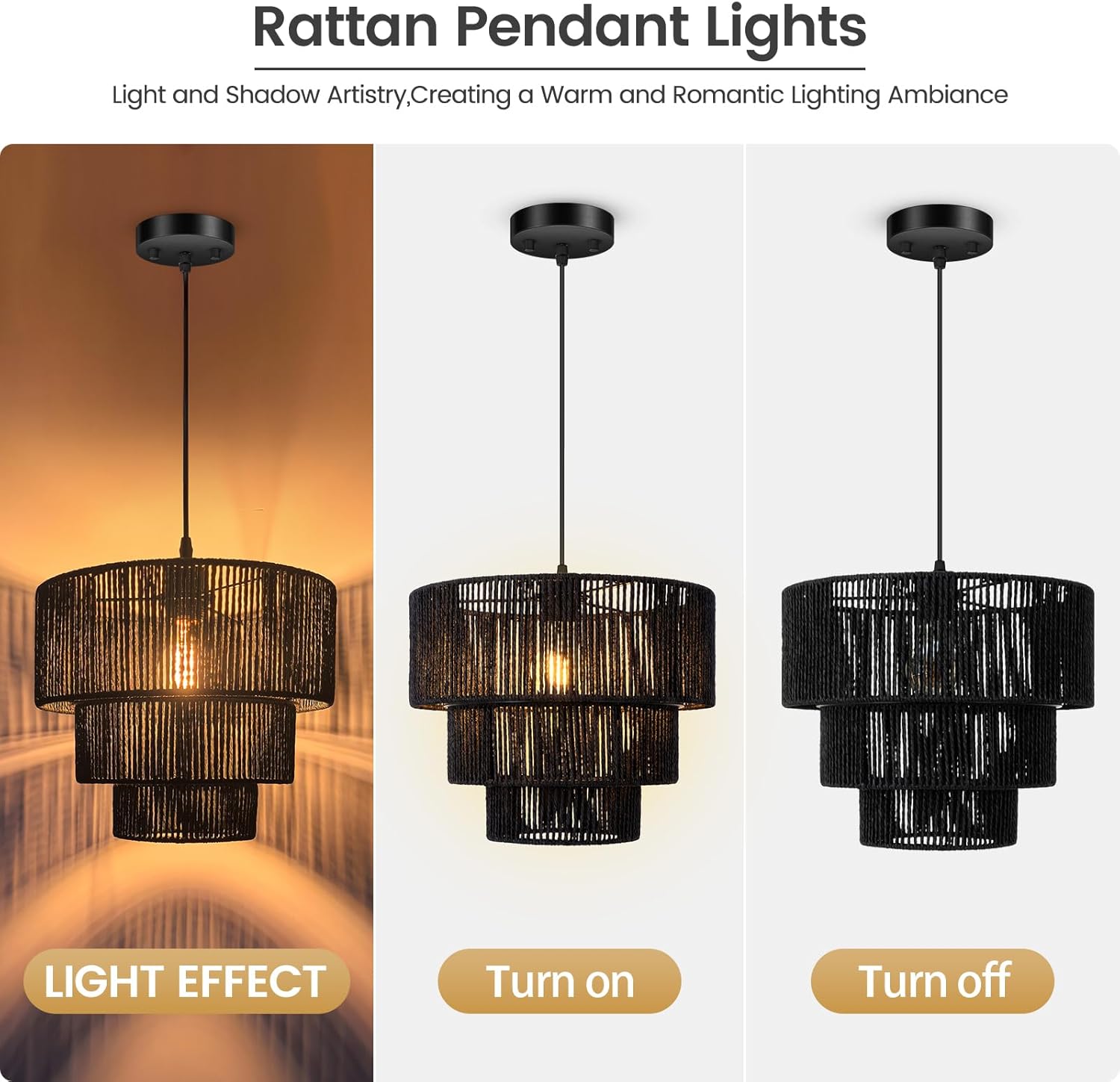 BoostArea Boho Rattan Chandelier Light,3-Tier Hand Woven Lampshade Ceiling Pendant Light Fixture,12.6” Farmhouse Chandelier Hanging Light for Living Room,Kitchen Island,Bedroom,Adjustable Cord,Black