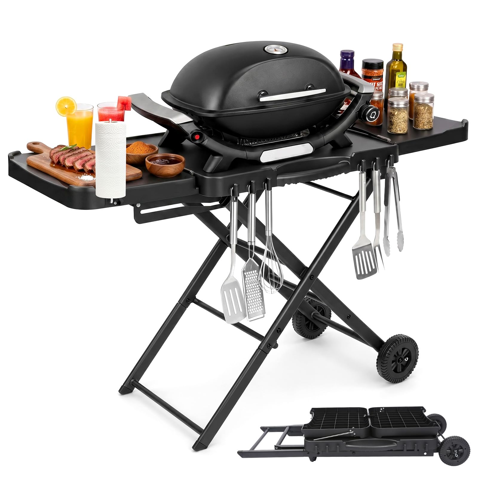 Denmay Carro de mesa para Weber Q100 Q200 Q300 Serie, Enders Urban, Nexgrill, Ninja Woodfire Grill, horno de pizza, Solo Stove, Burnhard Wayne, soporte de parrilla con ruedas para la mayoría de las