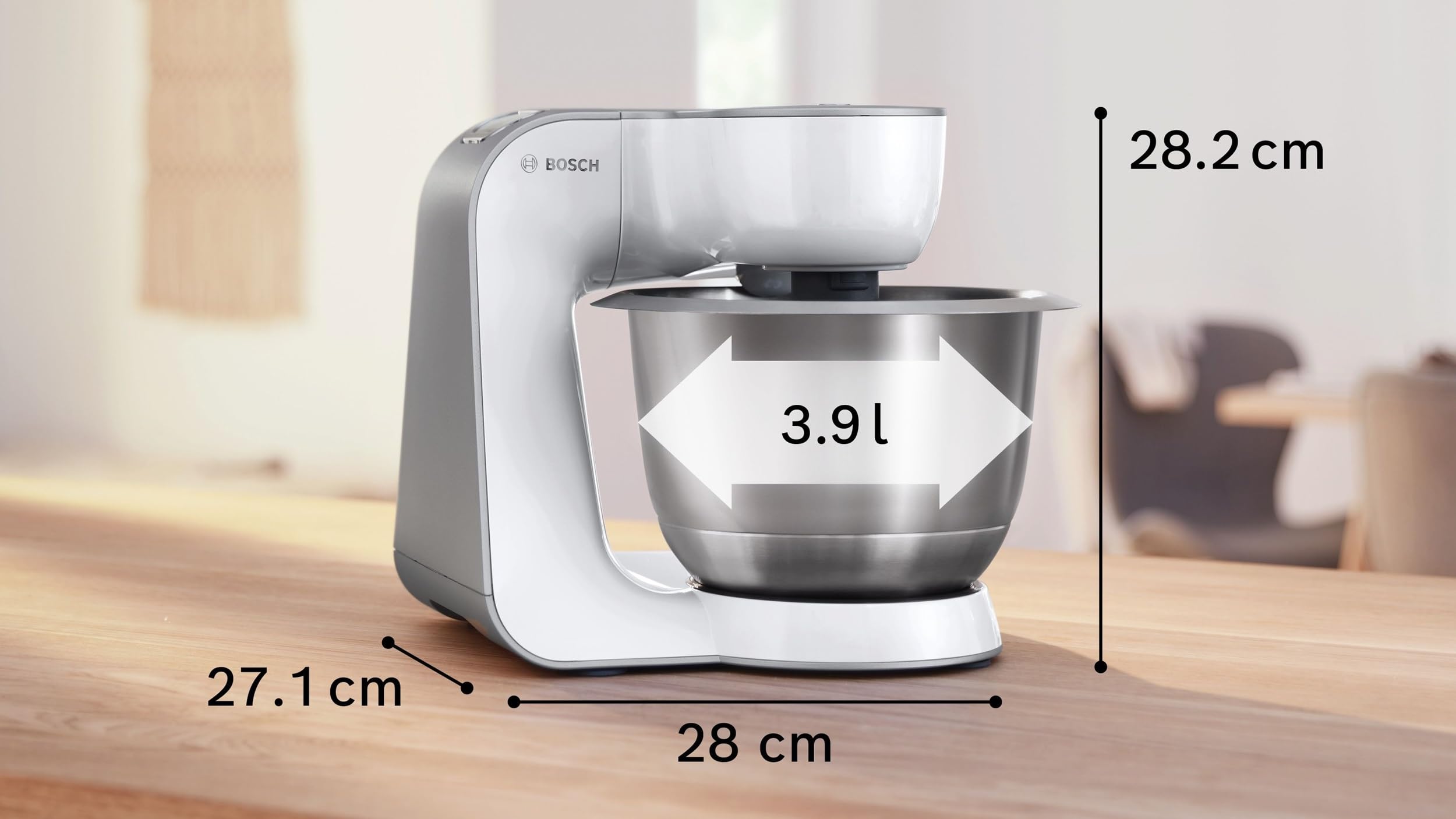 BOSCH MUM58200 Série 4, Robot pâtissier, 1000 W, bol mélangeur, 7 vitesses + turbo, Kit d'accessoires pâtisserie, Blanc, Argent