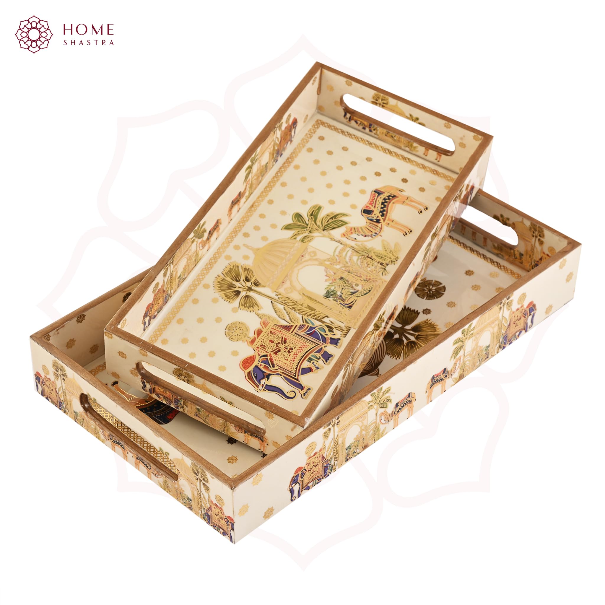 Bandeja de madera para servir con grabado dorado | Juego de 2 | Tamaño: 14 x 8 pulgadas y 12 x 6 pulgadas | Revestimiento esmaltado impermeable | Rectangular | Bandejas decorativas |