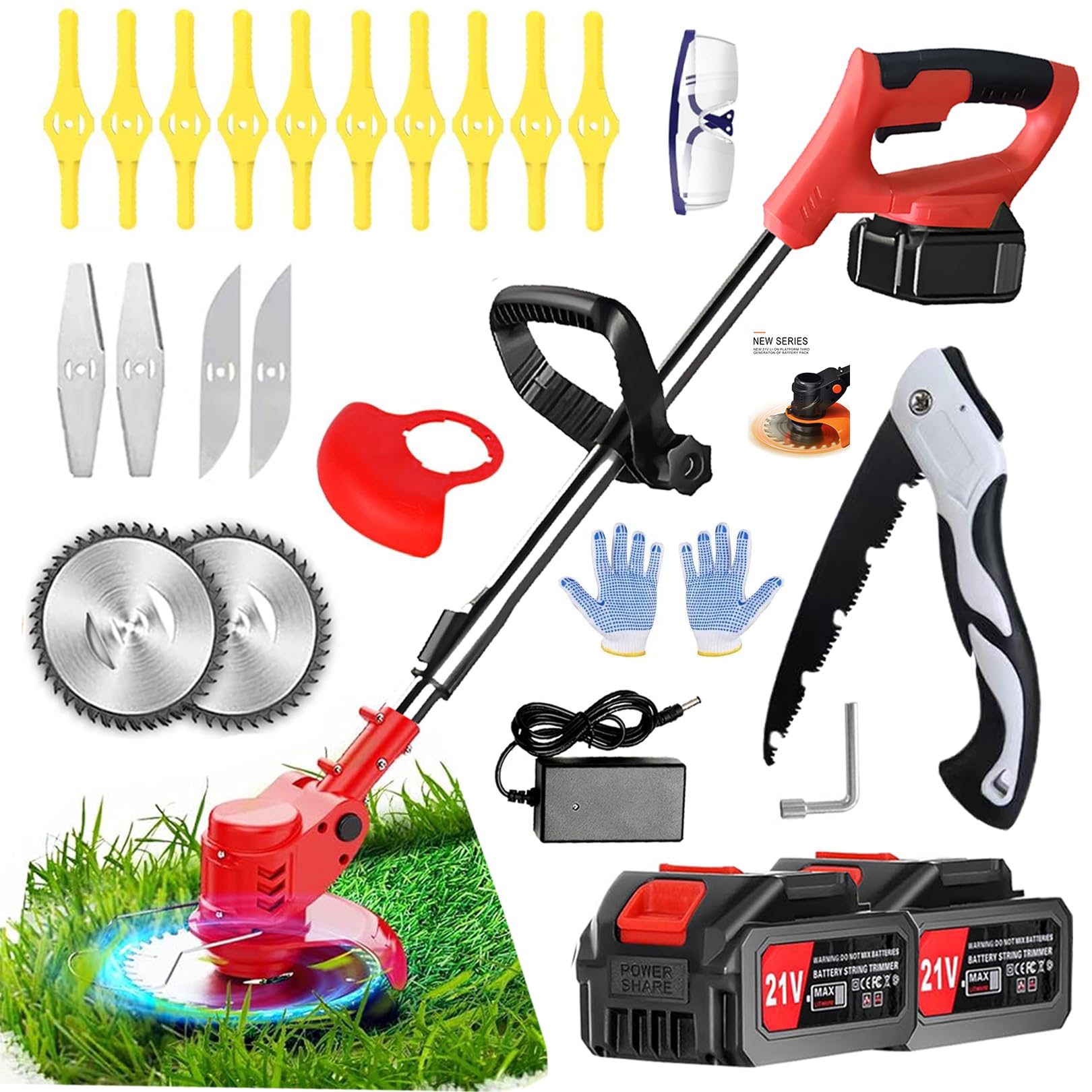 Strimmer，Cordless strimmer with 2 * 21V 2.0Ah batteries, Metal blade strimmers with 3 types of blades, Height Adjustable Battery strimmers/Garden strimmer/Electric strimmer for garden, lawn，villa — view 8