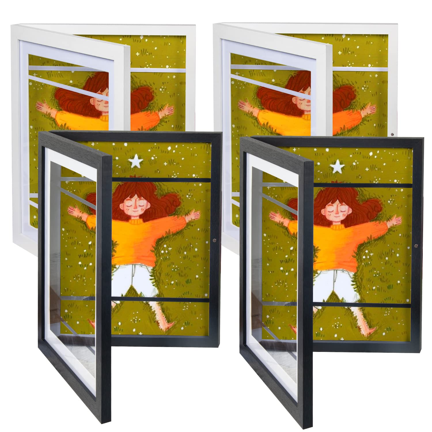 Q.Hou Kids Artwork Picture Frames Wood 4 Pack Display 8.5x11, Kids Art Frames Front Opening Holds 50, Black Great for Kids Drawings, Children Art Projects(AE-8612BK-4PK)