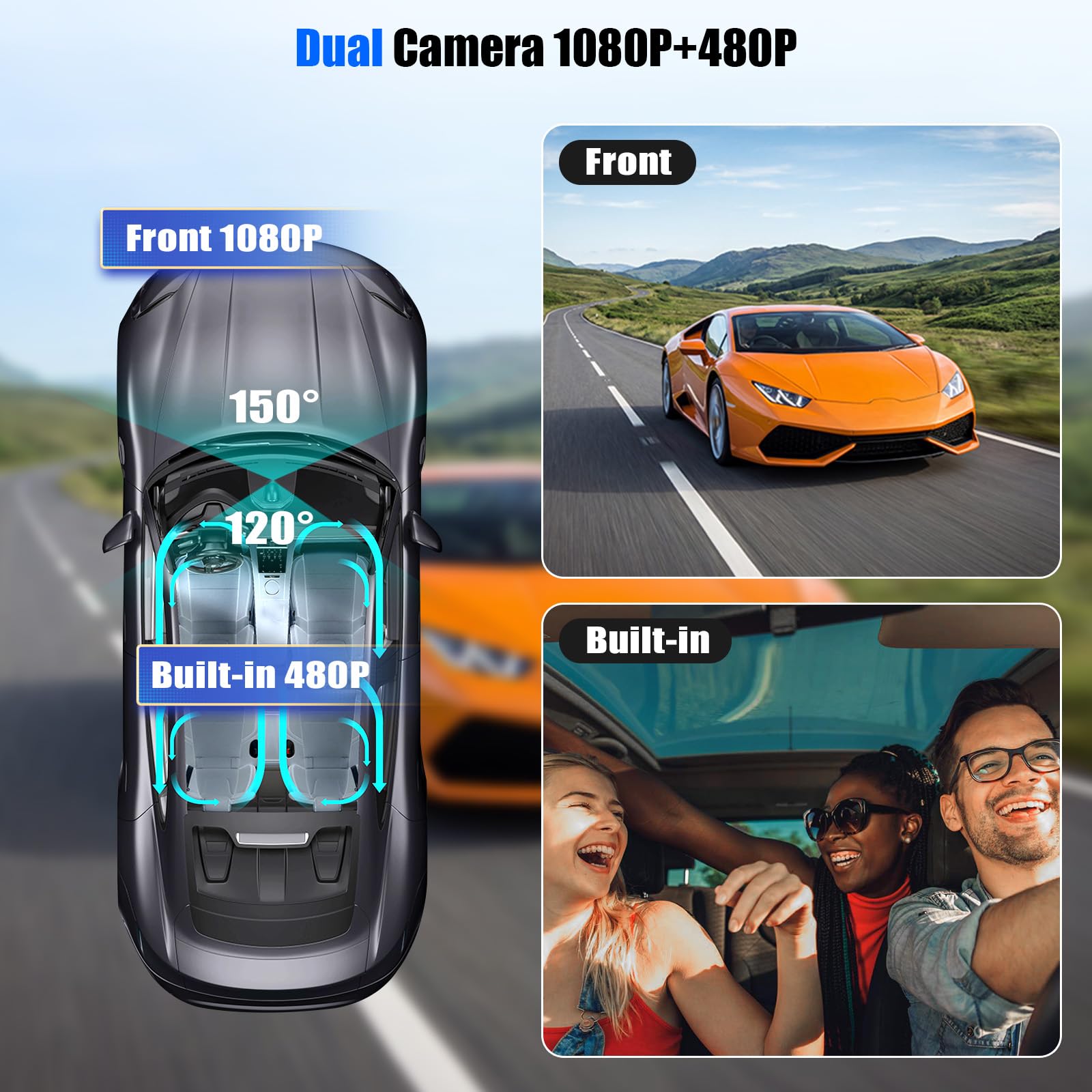 CAMECHO Vision Nocturne Dashcam 1080P kamera samochodowa przód i tył z WiFi 3,16-calowy ekran 2-kanałowa dashcam z nagrywaniem w pętli wykrywaniem ruchu