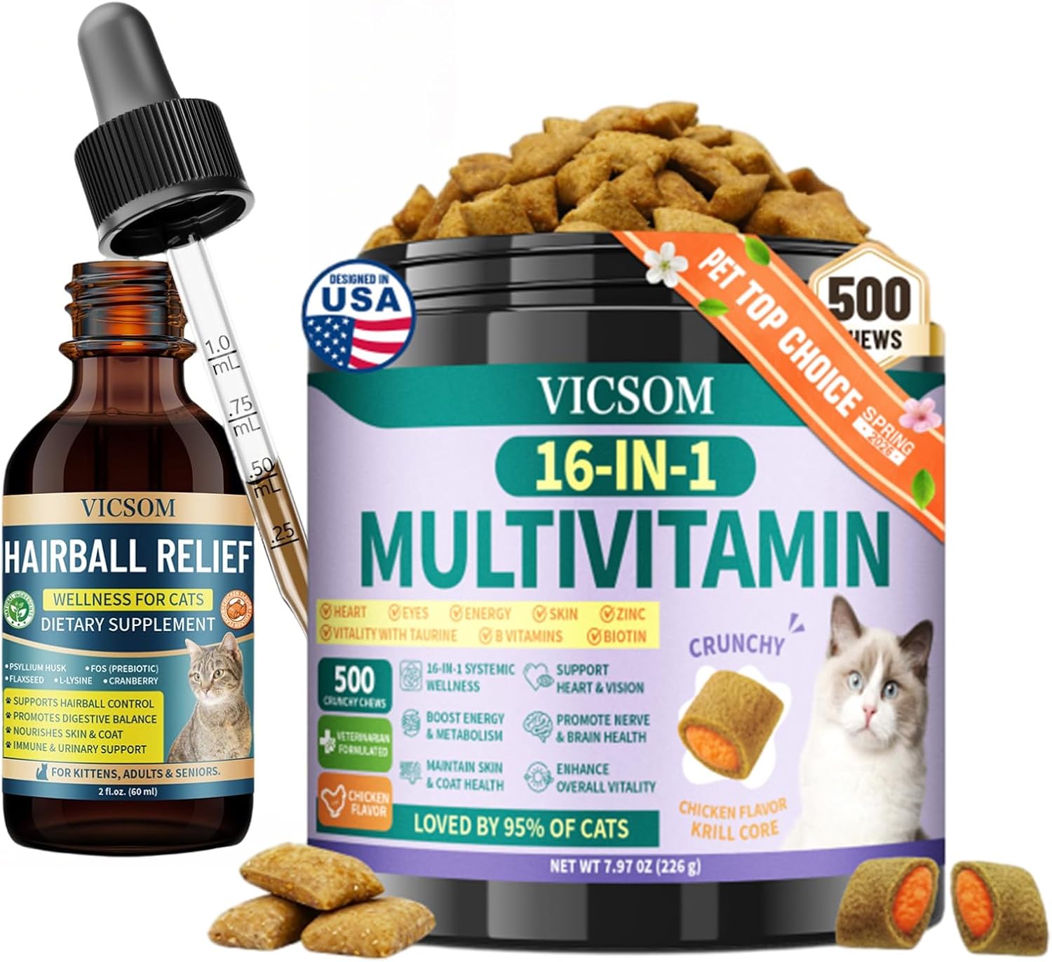 VICSOM Cat Hairball Remedy & Taurine Multivitamin Bundle, Liquid Hairball Support Drops + 16-in-1 Cat Vitamins Chews, Digestive, Immune, Heart, Skin & Coat Support, Chicken Flavor