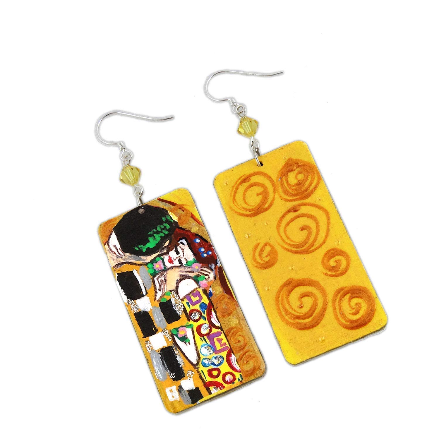 Boucles d'oreilles peintes à la main - LE BAISER DE GUSTAV KLIMT - Boucles d'oreilles pendantes pour femme, Bijoux en bois peints à la main, Crochet en argent, Fabriqué en Italie, Bijoux pour femmes