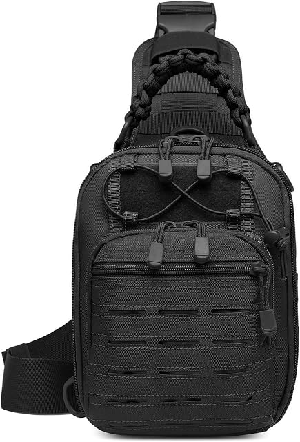 HUNTVP Tactical Sling Bag,Hiking Rucksack Chest Pack MOLLE Military Backpack Assault Bag for Cycling Camping Working Traveling Out Outdoor Activity (Type2-Black)
