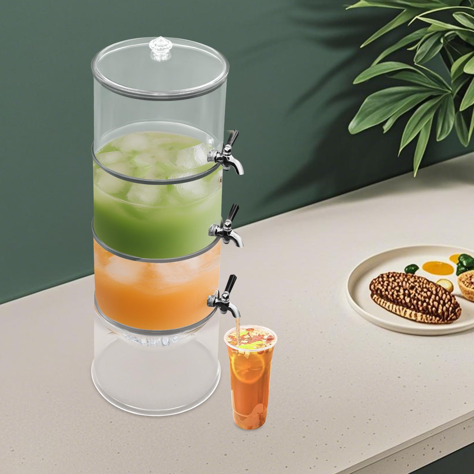 3-stufiger Getränkespender mit Zapfhahn, 12 L – Acryl Trinksäule mit Eiskammer (Eis selbst einfüllen) und Edelstahlhähnen – stapelbarer Drink Dispenser für Partys, Limonade, Saft, Eistee, Bier