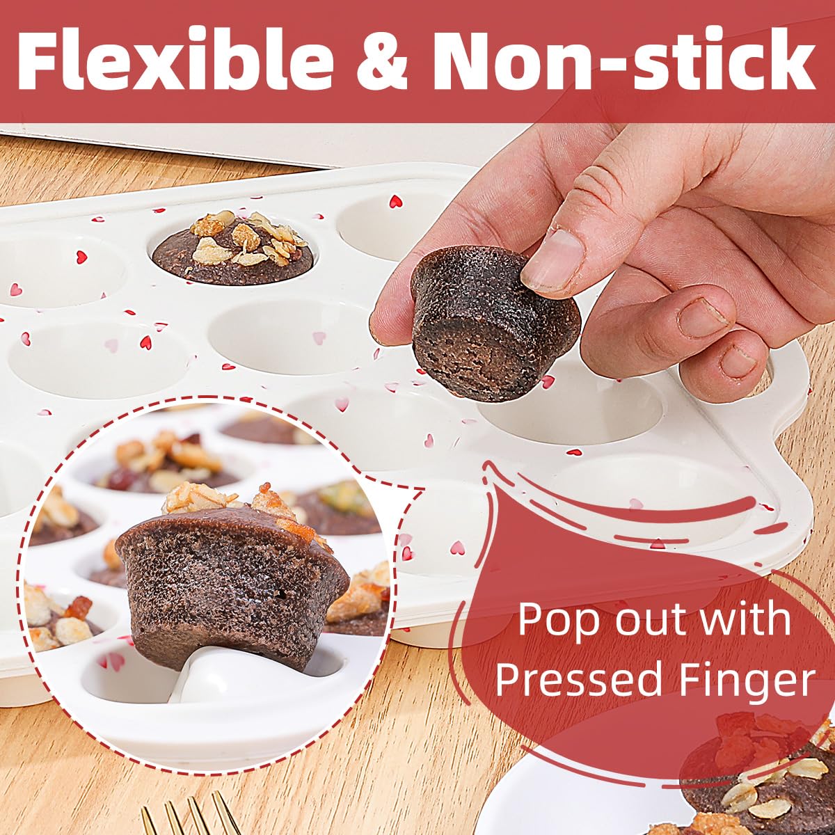 CAKETIME Mini-Muffinform, Metallverstärkter Rahmen, Mini-Cupcake-Formen, 24 Förmchen, antihaftbeschichtet, Muffin-Silikonformen mit Griff, zum Backen von Muffins, Cupcakes, Eierbissen, 2 Stück