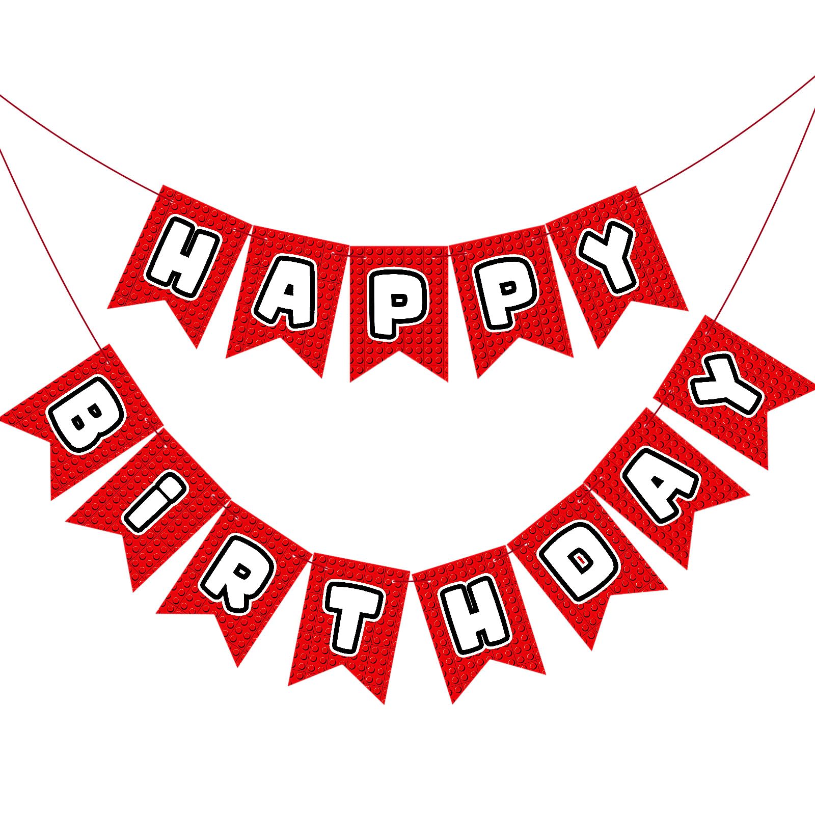 Oudain Pre-Strung Happy Birthday Banner Red Building Blocks Happy Birthday Decorations Building Block Themed Party Supplies for Boys Girls