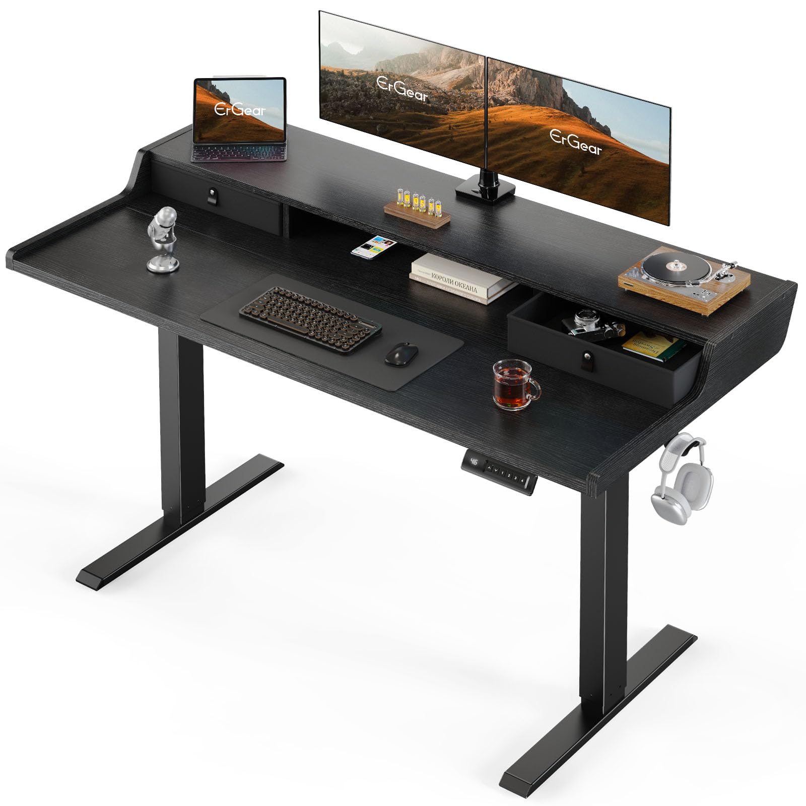 ergear electric standing desk with drawers 55 x 28 gaming table compatible monitor stand stand up desks home office height-adjustable desk with storage shelf 4 preset heights black