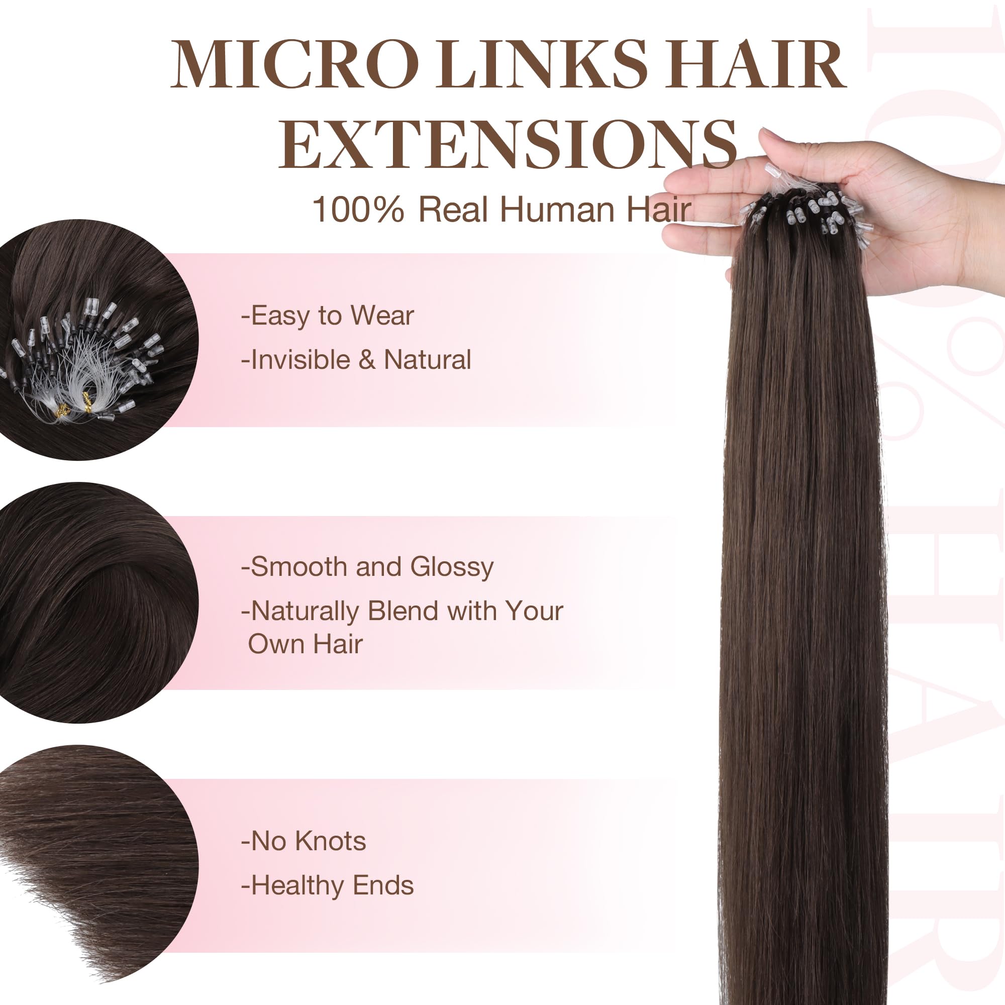 GOO GOO Micro Loop Hair Extensions Real Human Hair, Light Brown 50g 22inch 50 Strands Cold Fusion Micro Bead Extensions - Image 2