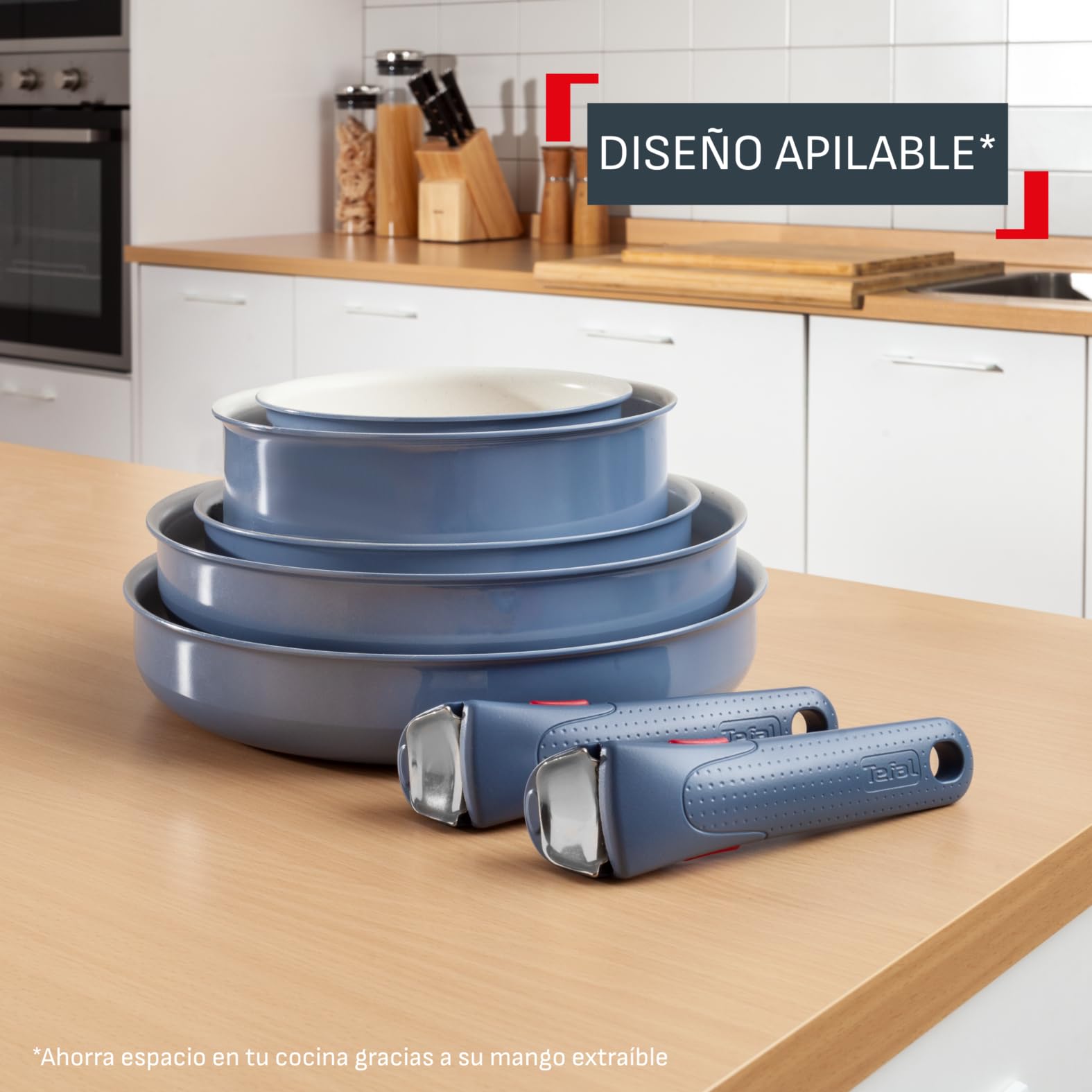 Tefal Ingenio Serenity - Juego de 2 Sartenes 22/28 cm + Wok 26 cm + 2 Cazos 16/20 cm + 4 Accesorios + 2 Mangos, Revestimiento Antiadherente, Apilable, Inducción, Apto lavavajillas y horno, Azul