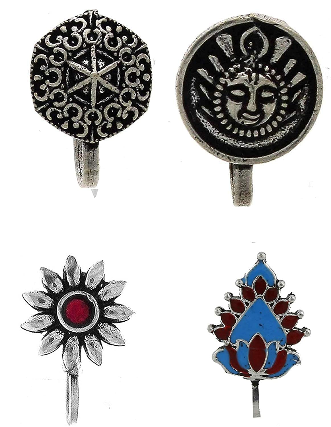 Flower Style Nose Pins Studs Combo Without Piercing Oxidised German Silver for Girls and Women -