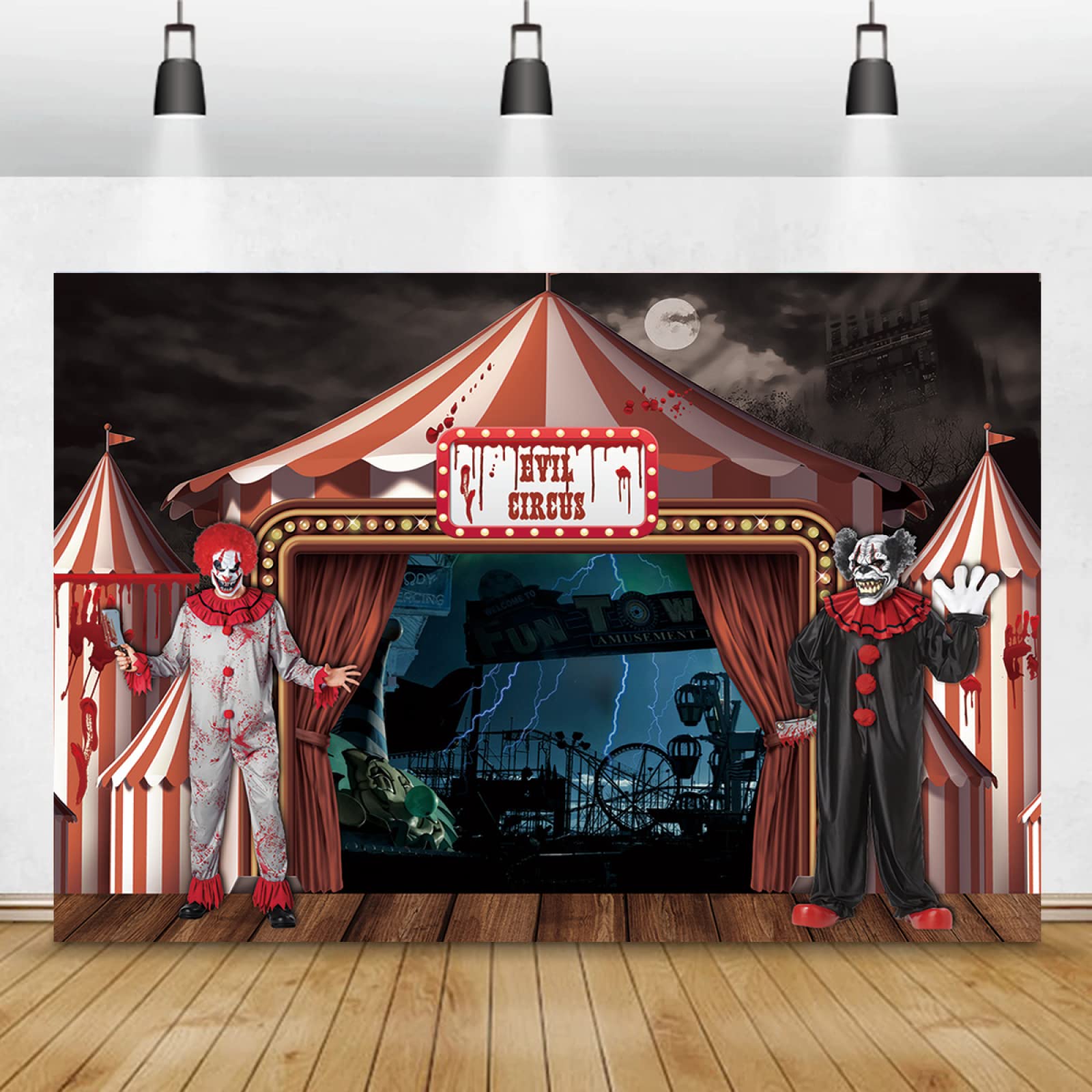 7x5ft Horror Circus Theme Halloween Photography Backdrop Scary Giant Clown Bloody Splash Photography Background Giant Evil Clown Halloween Birthday Party Background Vinyl Backdrop