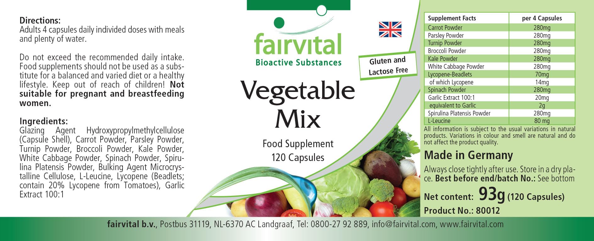 Fairvital | Verdure Pur - 1 mese - VEGAN - alto dosaggio - 120 capsule - 10 varietà di verdure
