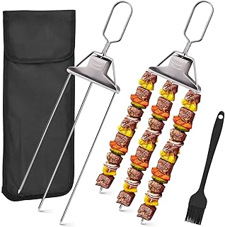 3-Prong Skewer 3 Way BBQ Grilling Skewers, Skewers for Kabobs, Metal Skewers for Grilling, Easy to Use Push Bar Slider, BBQ Accessory Kabob Sticks for Meat, Chicken, Sausages, Veggies (A)