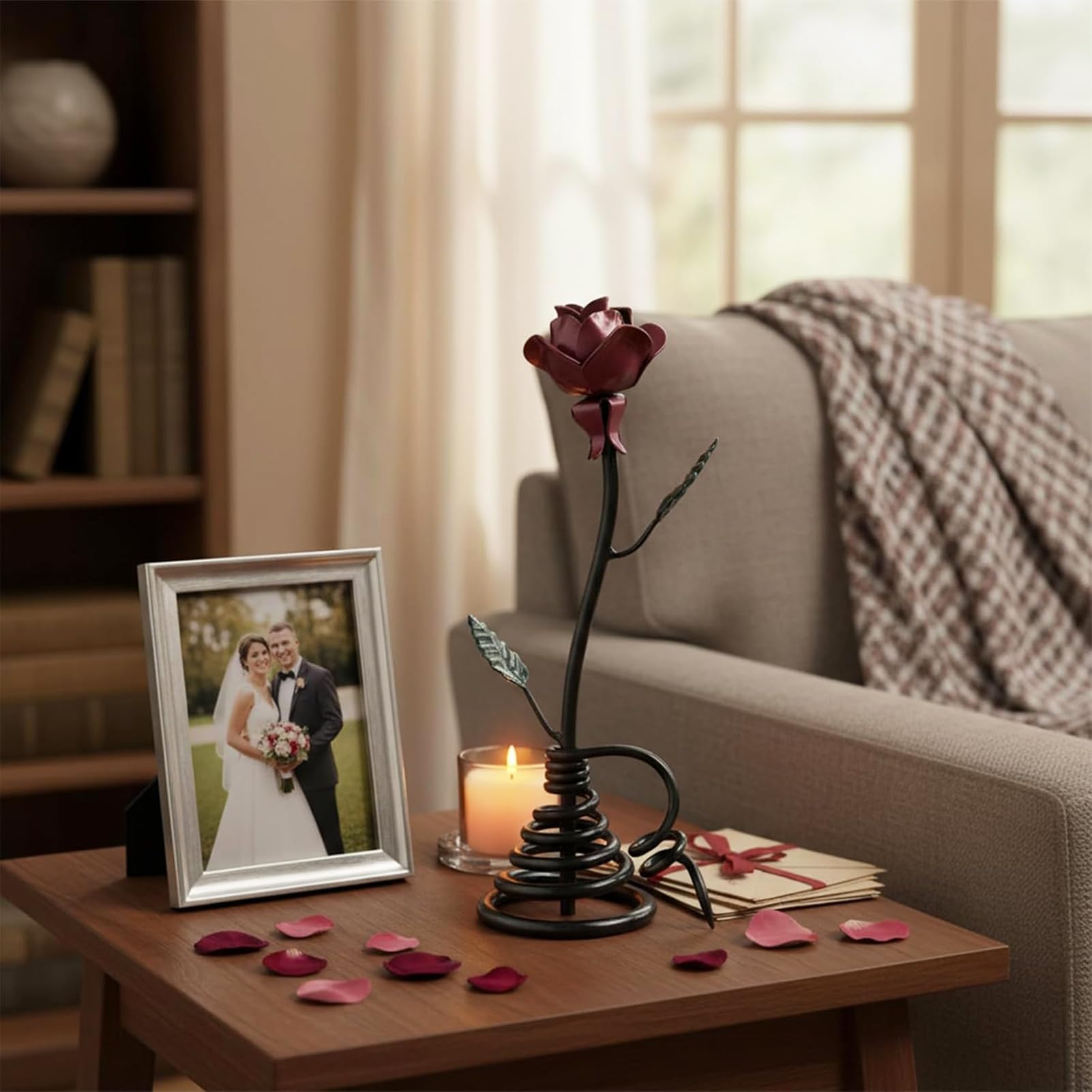 Aoneky Rosa in Ferro con Piedistallo - Rosa Eterna Forgiato a Mano - Scultura Rose Retro Regalo per Donna, San Valentino, Festa della Mamma Natale Anniversario Matrimonio di Bronzo (Rosso)