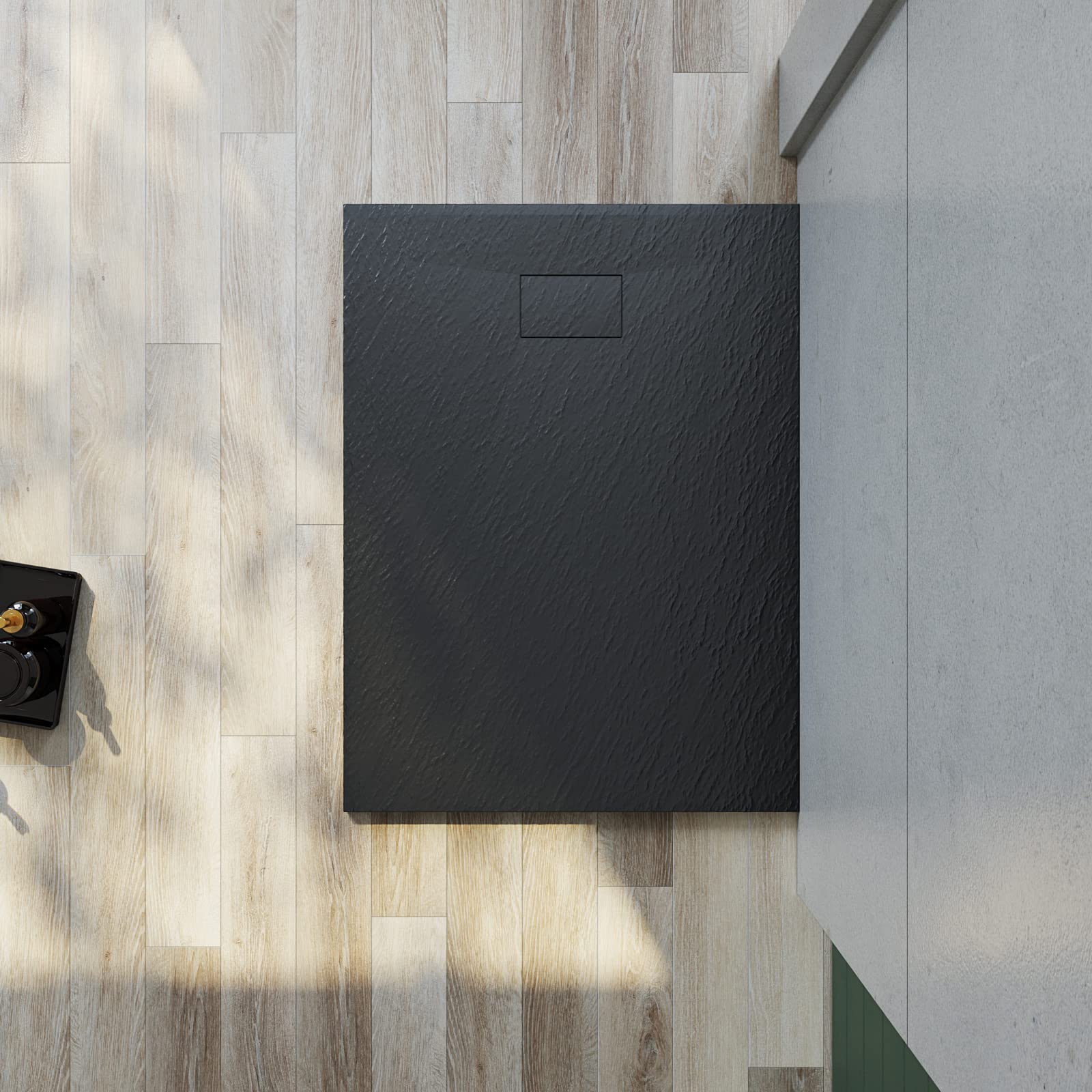 SMC Plato de ducha 120 x 90 cm, ‎Negro con sifón, plano, estructura antideslizante | Incluye desagüe de 90 mm de diámetro, plato de ducha plano, diseño especial para un desagüe oculto