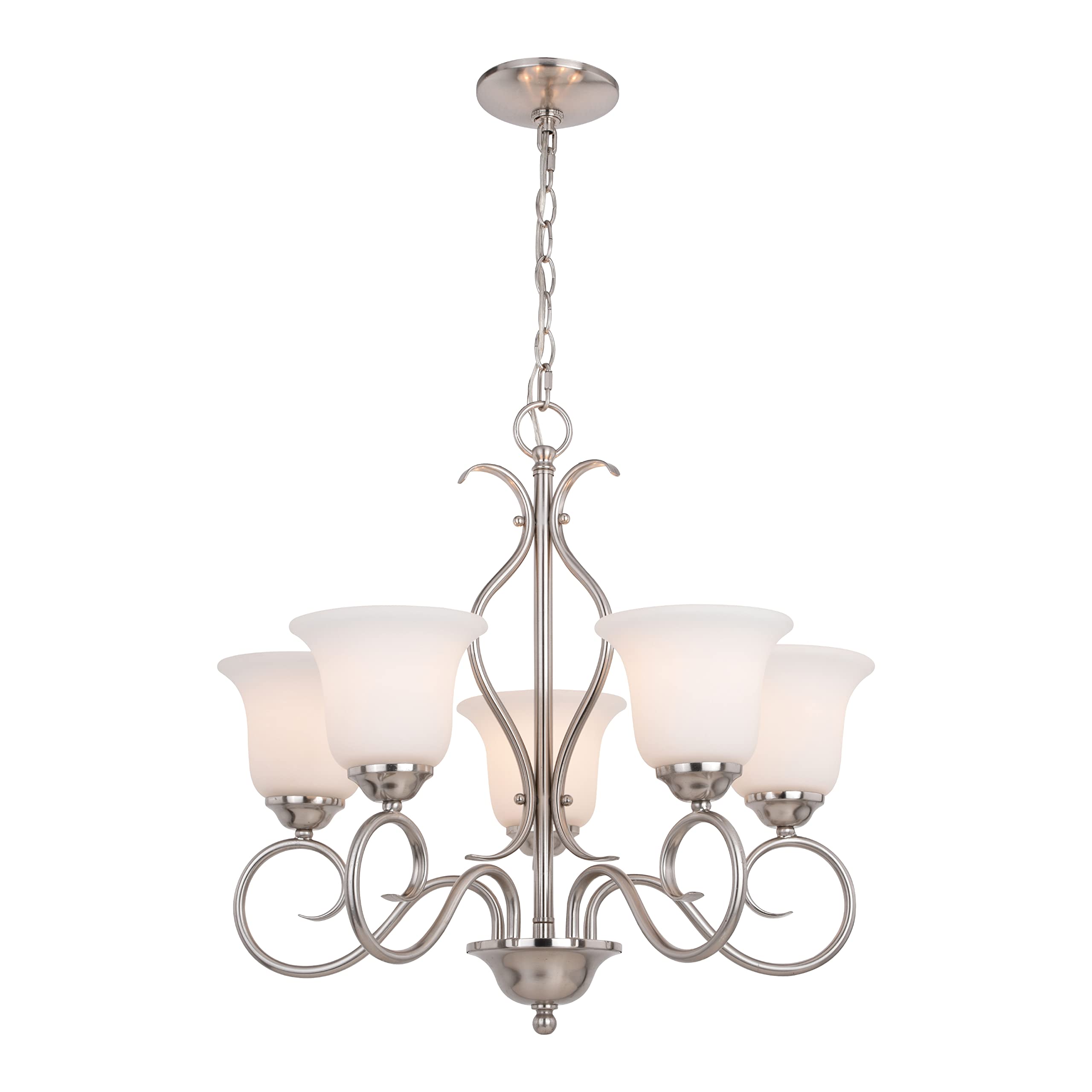 VAXCEL Albion 5 Light Satin Nickel Chandelier with White Glass Shades