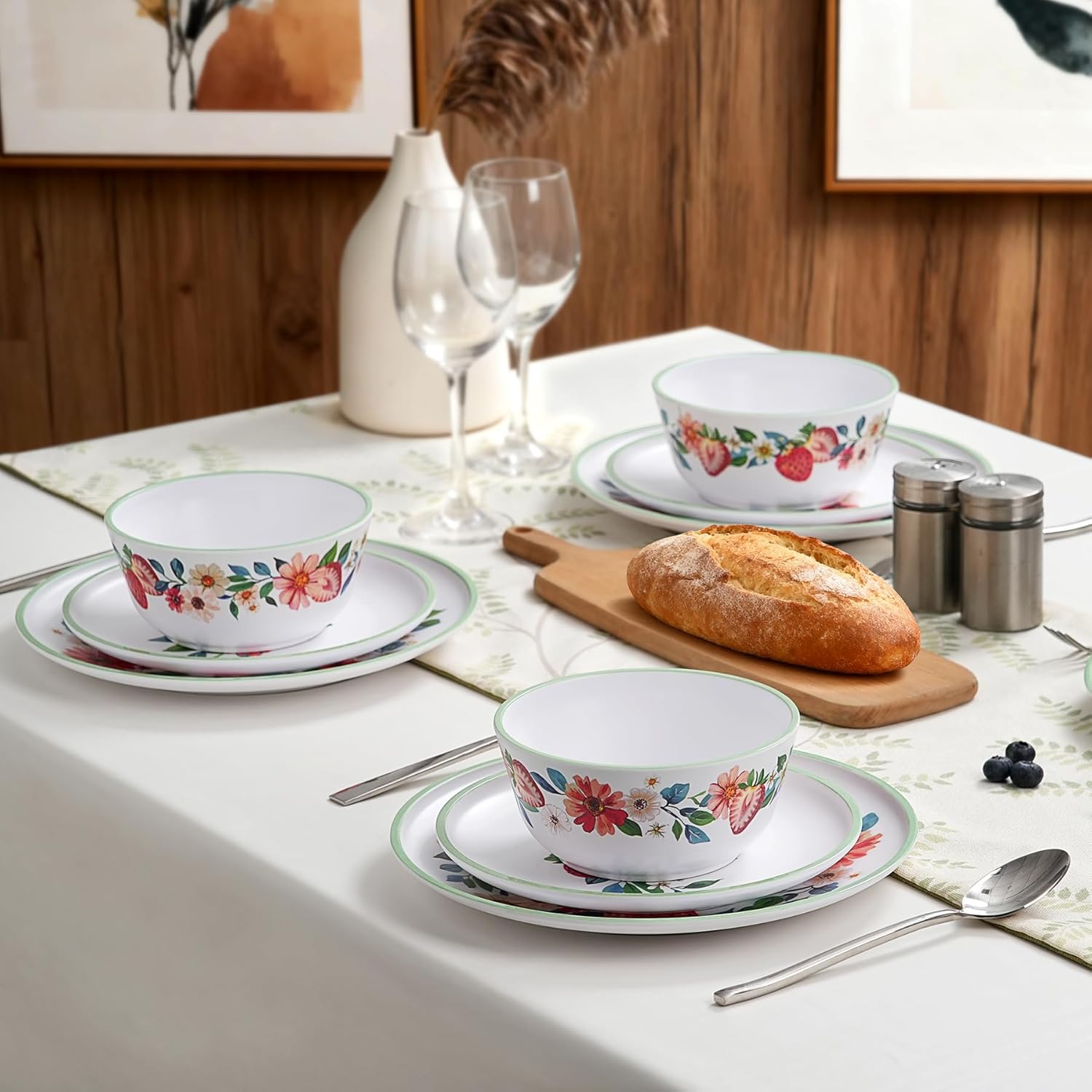 Strawberry Melamine Dinnerware Set of 4-12 Pcs Plates and Bowls Sets, Indoor and Iutdoor Dishes for Patio, Outdoors, RV, Spring Camping- Matte Exterior